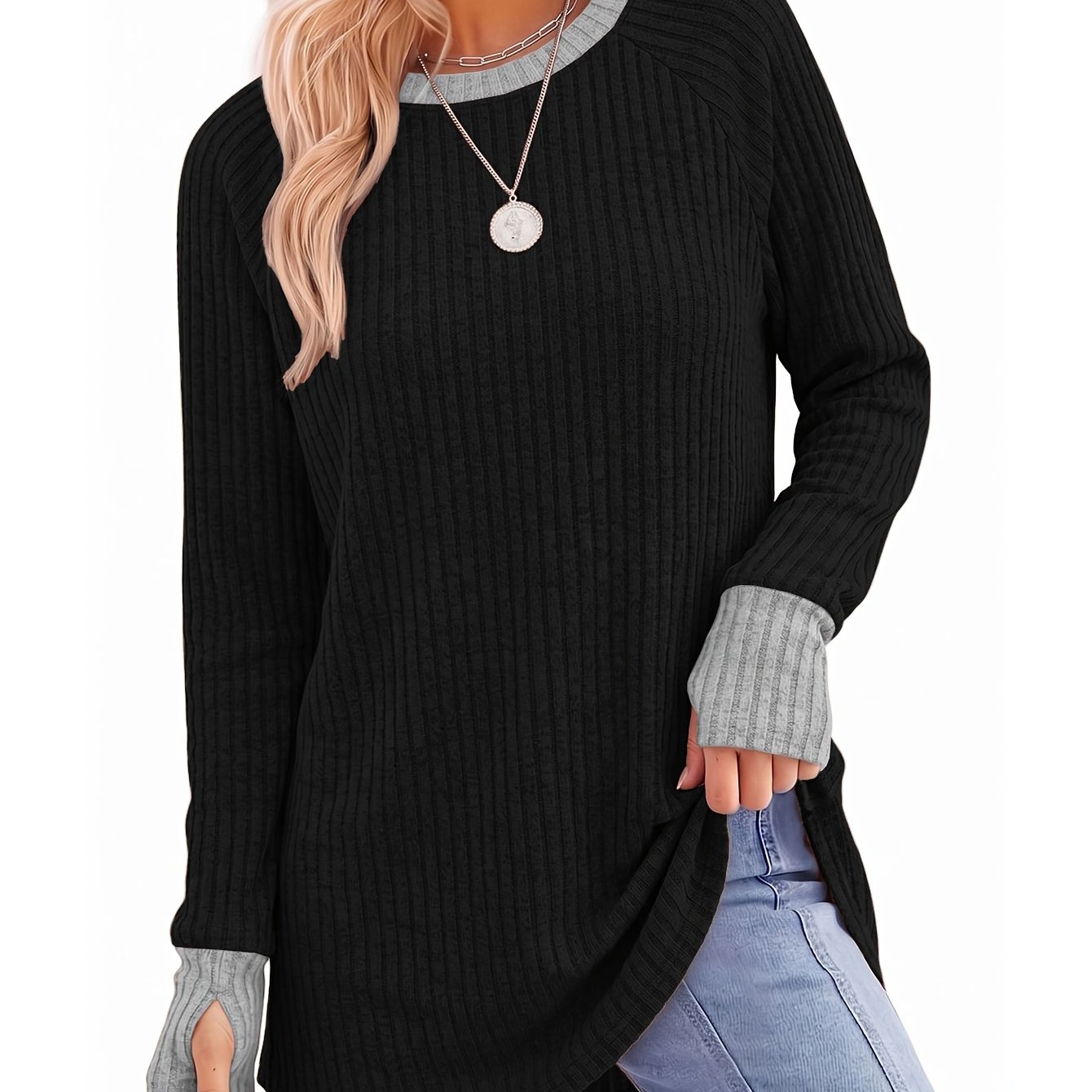 TEMU Haut Long Tendance Femme, T-shirt Décontracté Confortable avec Trou pour , Design Élégant Col Rond Manches Longues