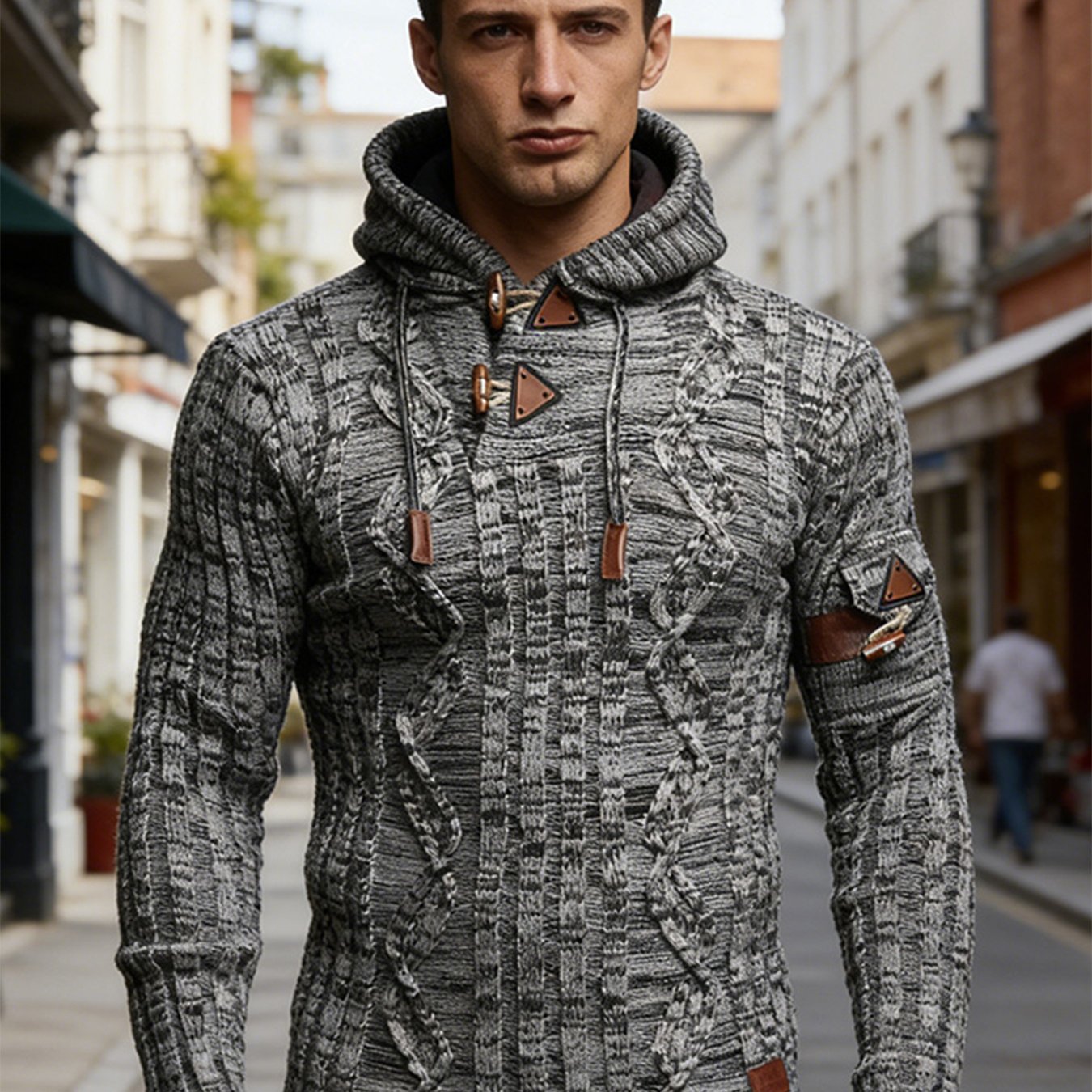 TEMU Hooded Turtleneck Autumn And Winter European And Men's Sweater Pullover Long-sleeved Hooded Epaulet Horn Button Slim
