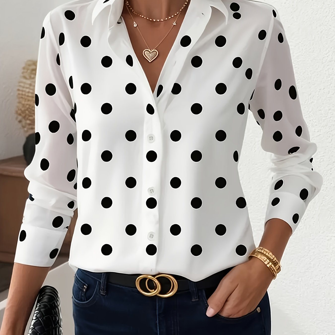 TEMU Women's Slim Fit Polka Dot Button-up Shirt - Elegant Collared Long Sleeve Top