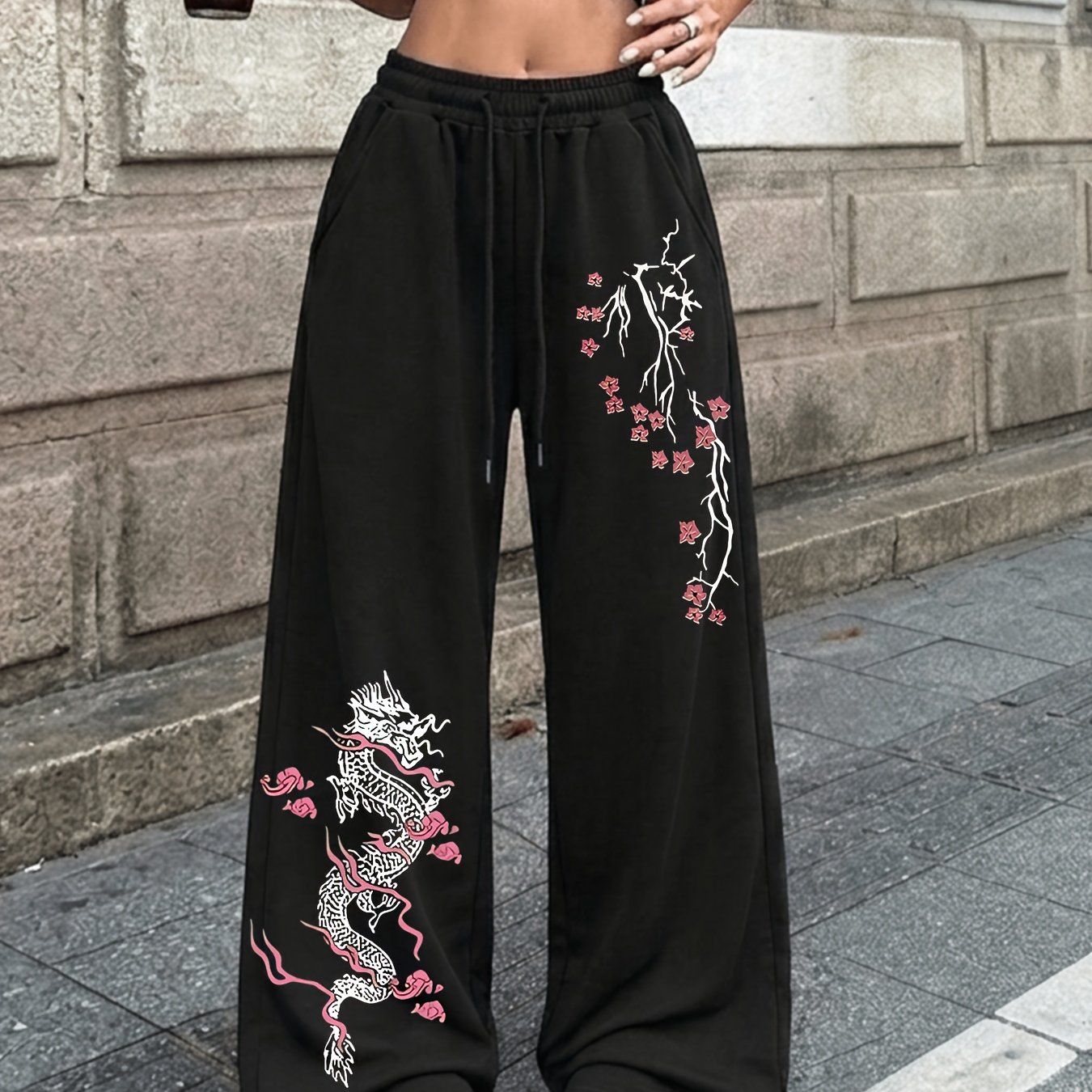 TEMU Fashionable Gothic Style Vintage Y2k Trend Plum Print Drawstring Comfortable Black Straight-leg Pants For Women, Casual Joggers