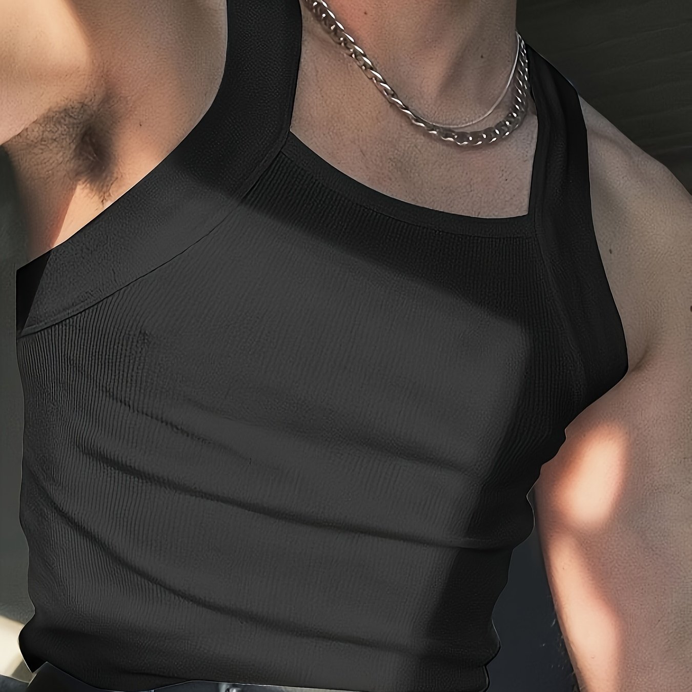 TEMU Men's Summer Slim-fit Square Collar Tank Top, Sleeveless Sports Shirt, Breathable For Summer, Perfect For Beach Outfits, A Great Valentine's Gift For Men