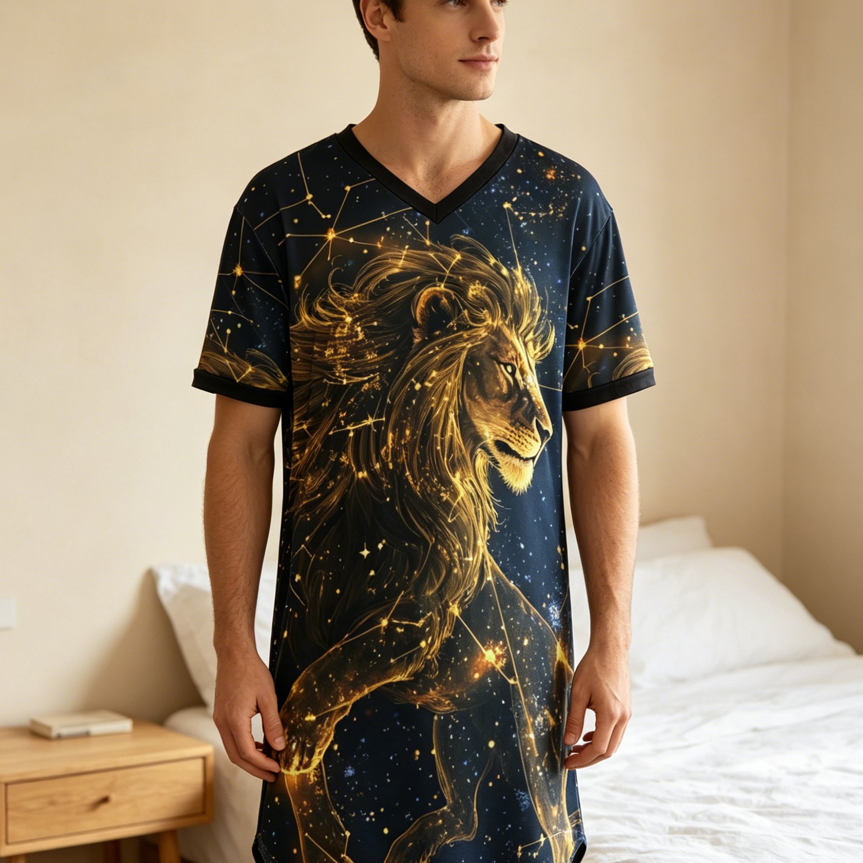 TEMU 1pc Men's V-neck Nightgown With A Dark Blue Starry Sky Background Featuring A And Constellation Line Art, Contrasting Black Edging On The