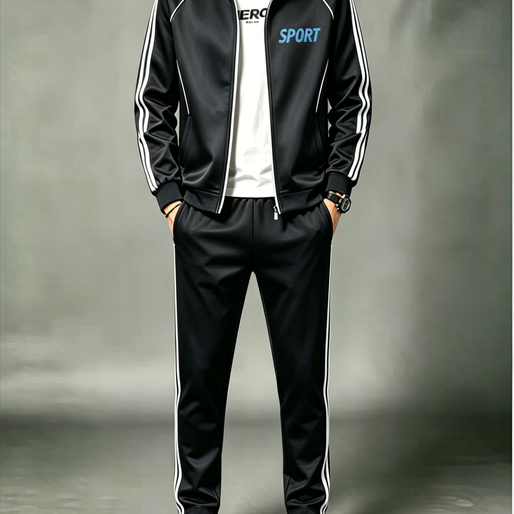 Men's Stand Collar Cardigan Set Casual Sports Black 2 Piece Outfit With White Side Stripes And Sport Print