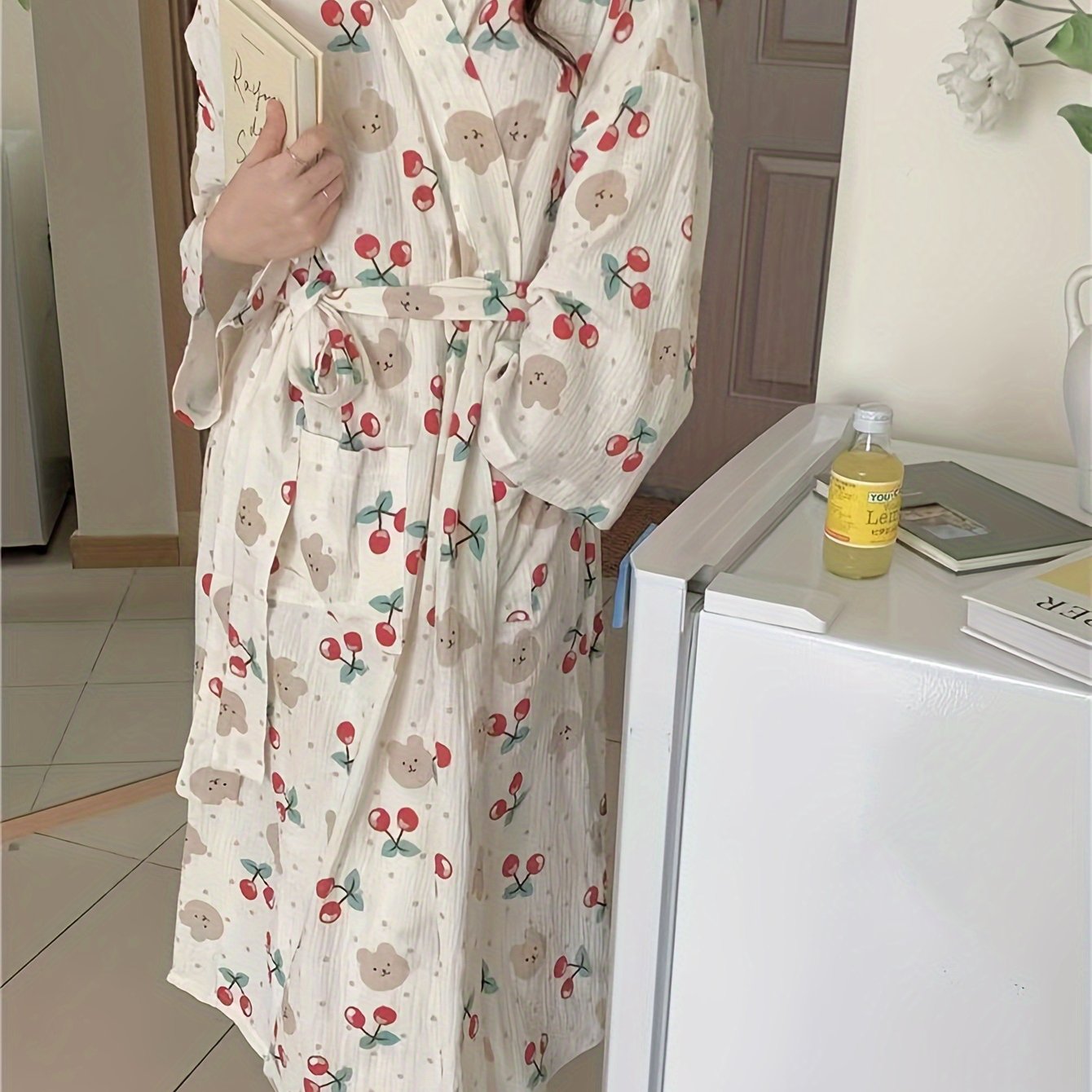 TEMU Cute Cartoon Cherry Women's Bathrobe - Adult Long Sleeve V-neck Home Robe With Belt, Pocket, And Straight Skirt - Polyester Woven Spring/fall Loungewear