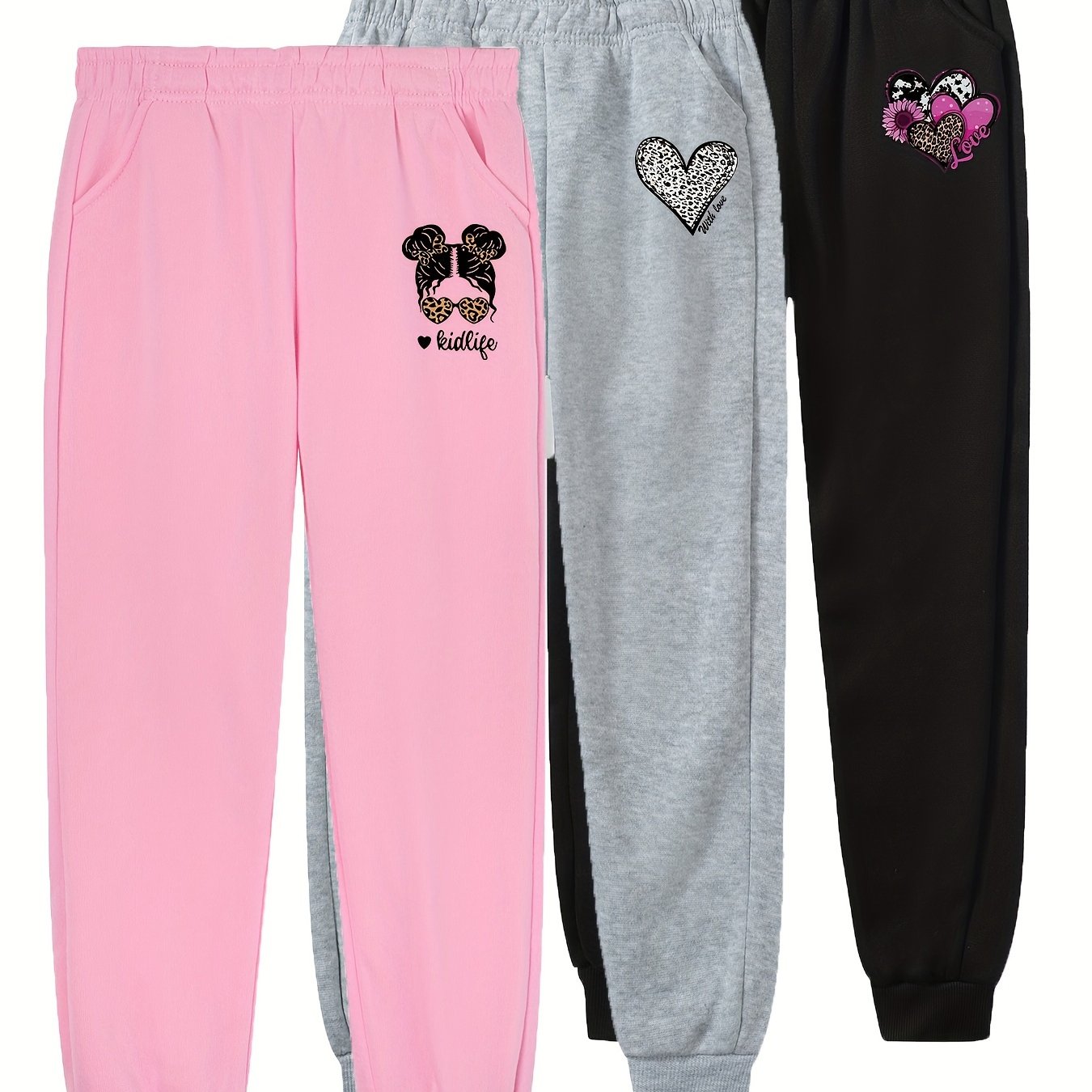Image of Girls' Autumn And Cartoon Heart-shaped Pattern Print Comfortable Trousers Casual Sports Comfortable Sweatpants 3pcs Set, For Outdoor, Christmas, Halloween