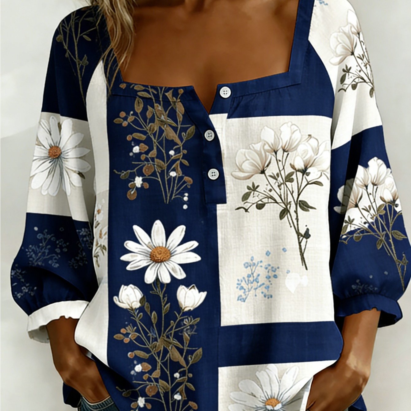 TEMU Elegant Square Neckline V-neck Button- Blouse - Daisy Color-block Print Vintage Cover-up, 3/4 Sleeves Elasticated Ruffle Puff Sleeves, Mother's
