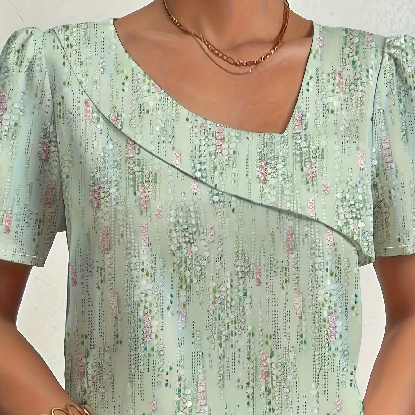 E-shop Daerling Directional Elegantes Damen Sommer Neues Unregelmäßiger Halsausschnitt Bedrucktes Kurzarm Top