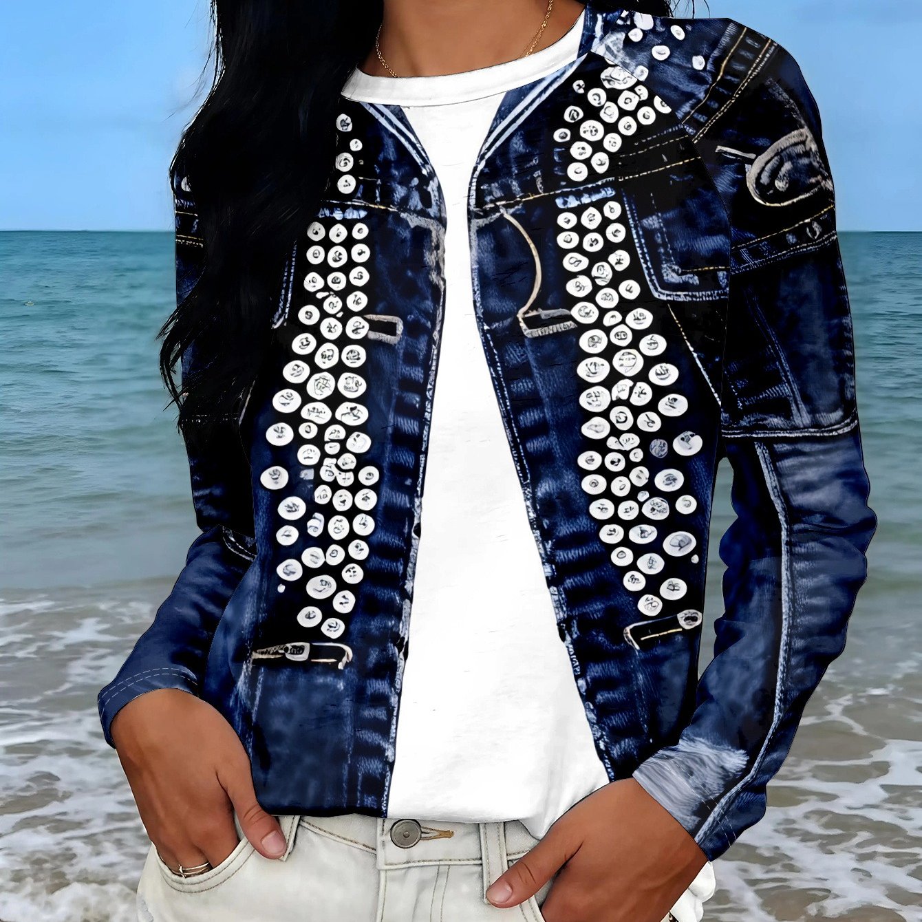 TEMU Women's Long Sleeve T-shirt With Rhinestone-embellished Dark Blue Denim Front Panel Display Pattern - Fashionable Casual Top, Machine Washable