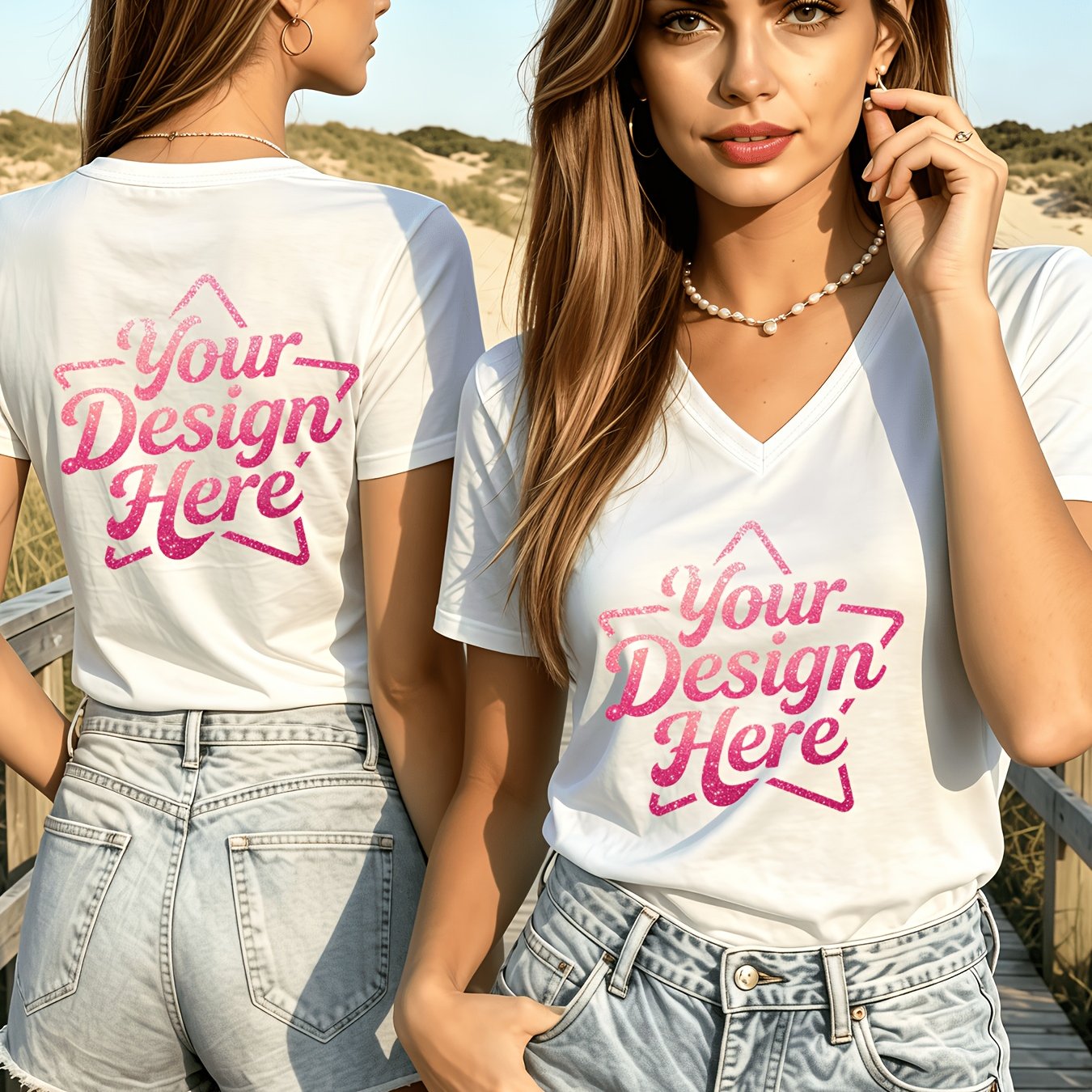 TEMU Custom Printed Women's V-neck Short Sleeve Tops, Double-sided Print Slim Fit Casual Versatile Tees | Custom Printing, Bulk Custom Orders For