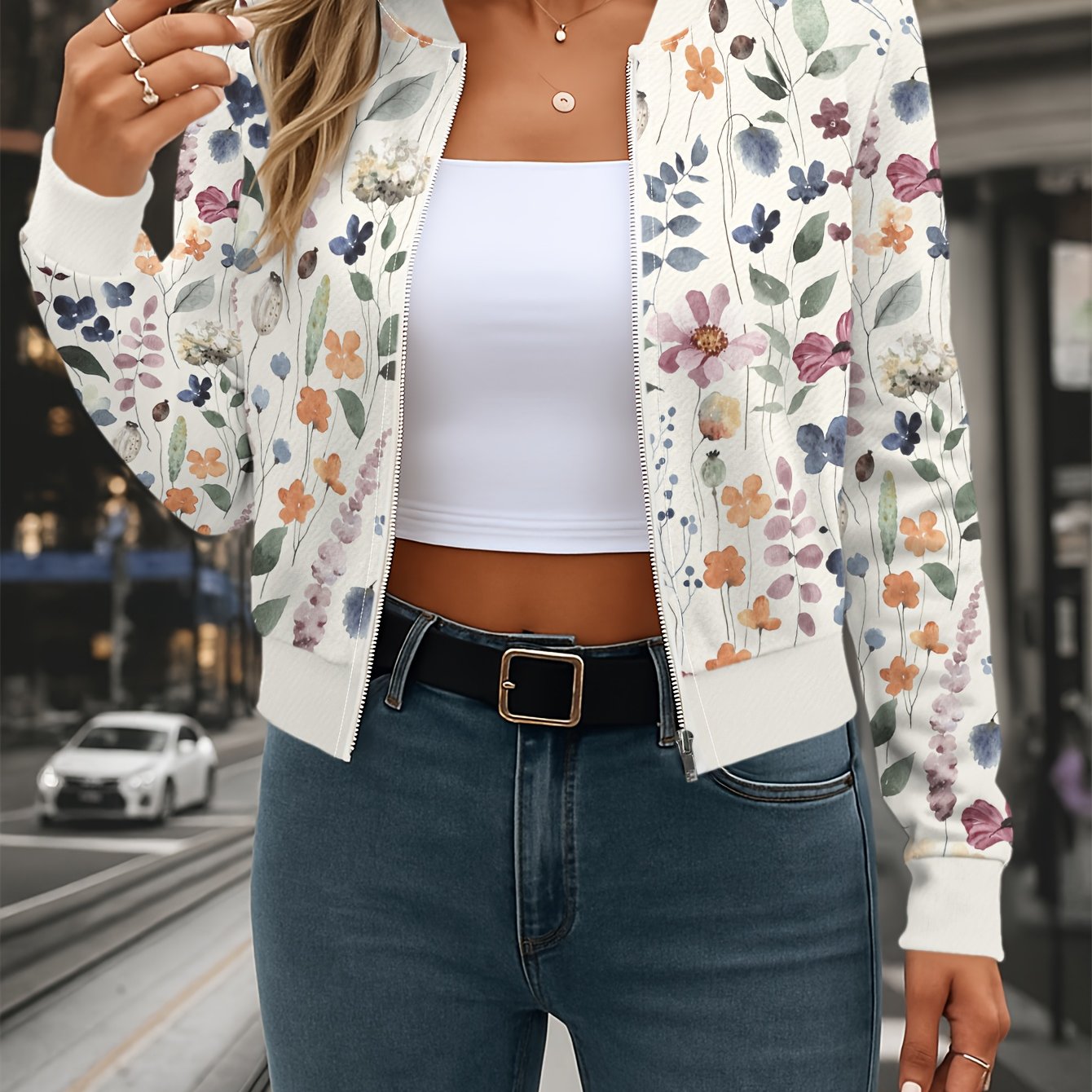 TEMU Women's Fashion High-waist Floral Full Print Zipper Jacket