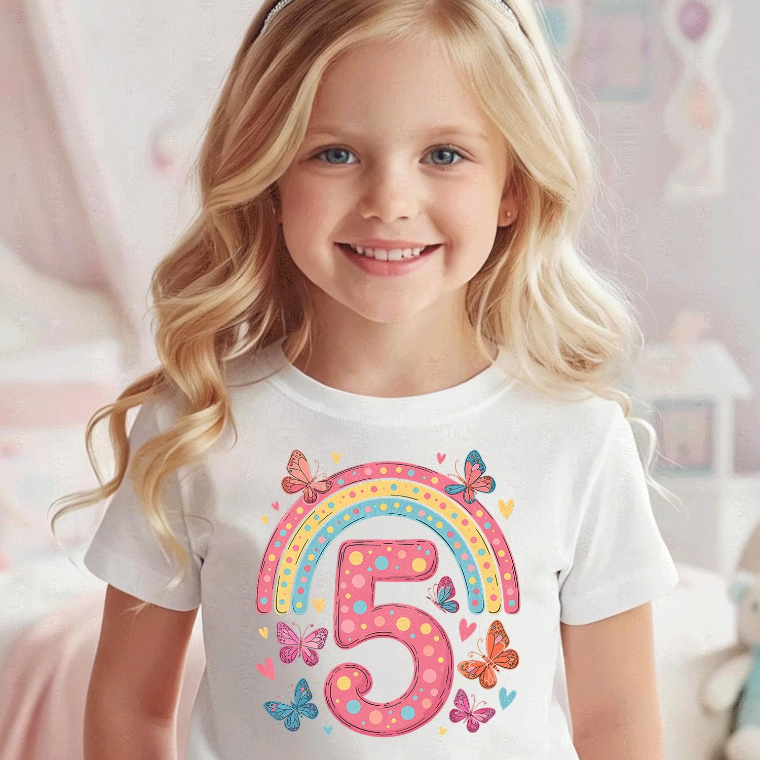 Image of Casual Crew Neck Tee Featuring A For Kids Celebrating Their 5th Birthday, With , Butterflies, And Hearts, Made From 200g Fabric