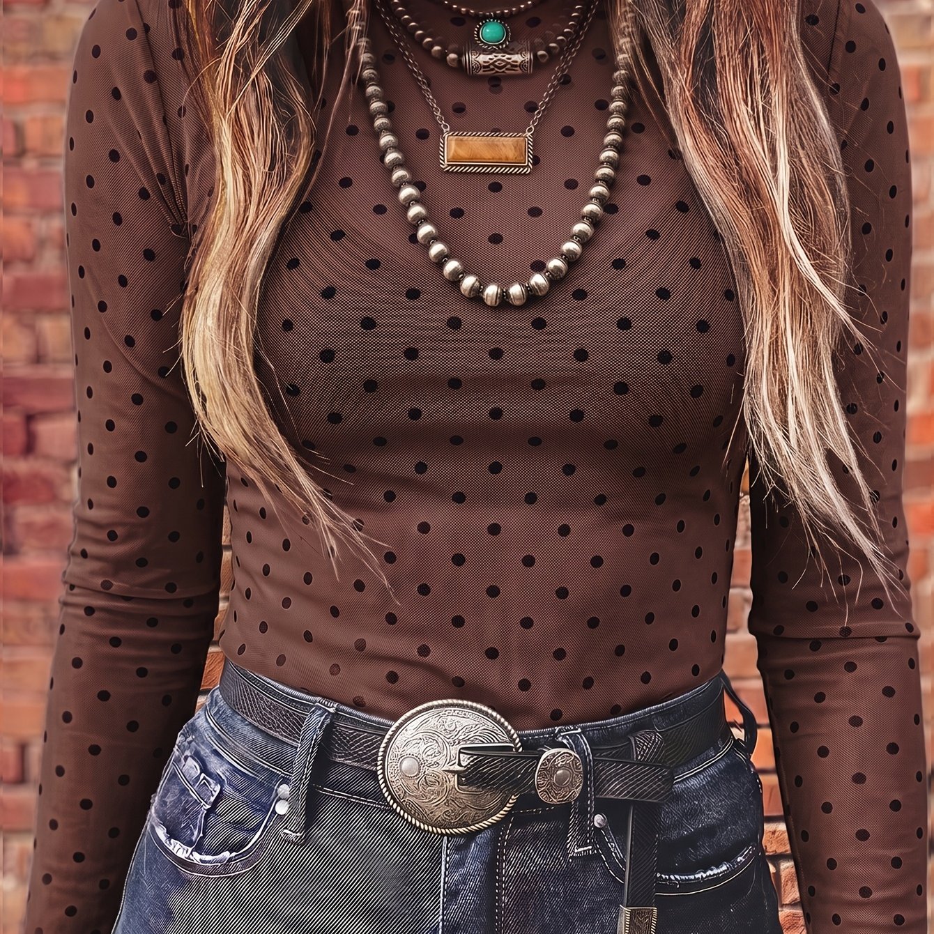 TEMU Mesh Polka Dot Langarmshirt, Rundhalsausschnitt, durchsichtig, figurbetont, Western-Stil, Layering, Layer Shirt