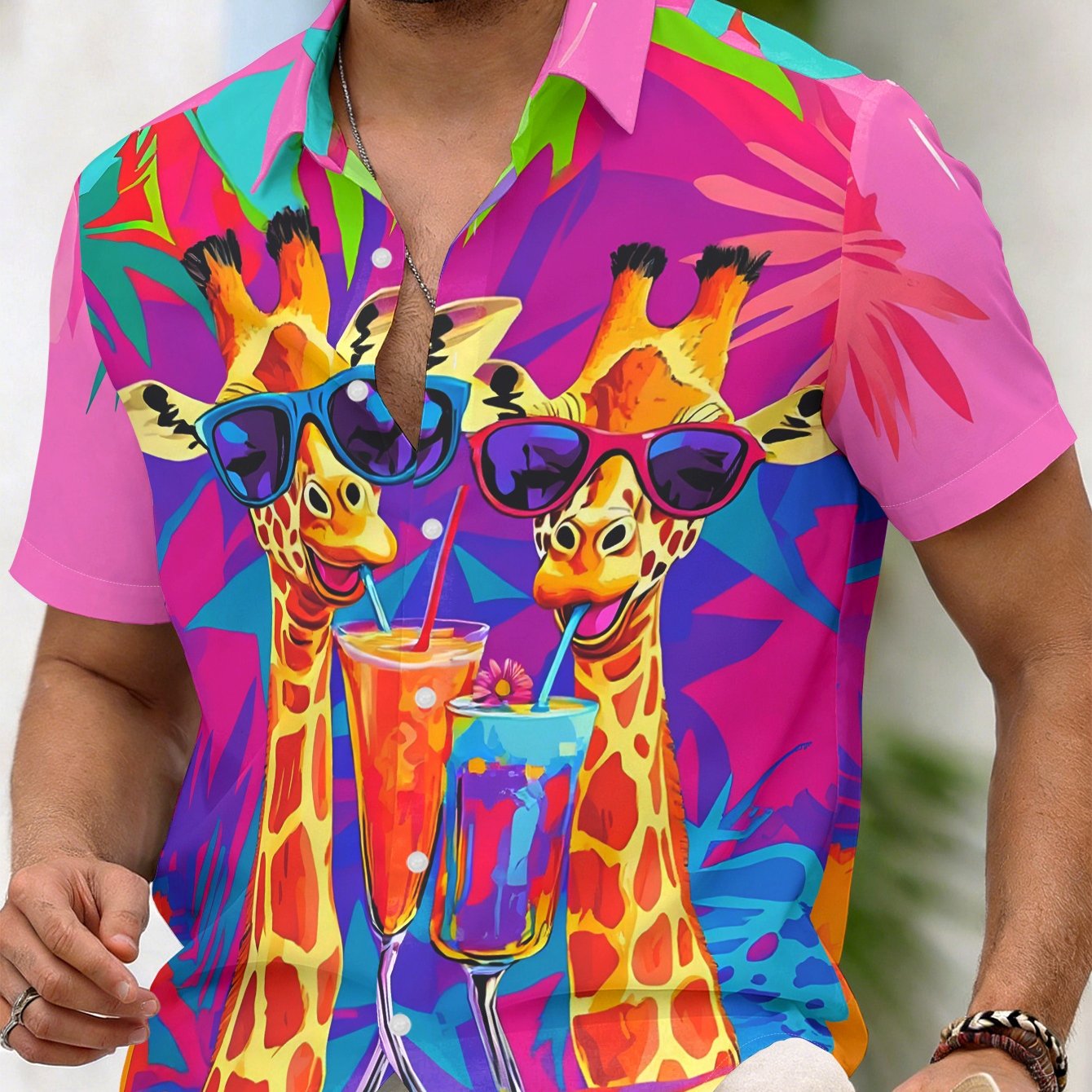 TEMU Men's Short Sleeve Shirt, Fun Cartoon Giraffe Drinking Juice Pattern Top, Individual Trendy Tropical Plant Shirt, Breathable Comfortable Fashion