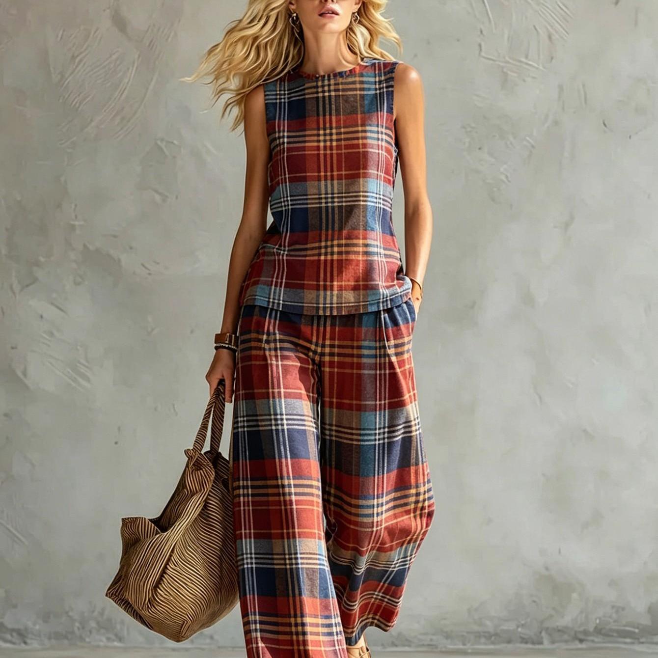 New Women's Summer Clothing: Top + Pants Set Check Pattern Summer Women's Vest Set Casual Wear Machine Washable Polyester Fiber Simple And 2pcs Set 2d Flat Printing Summer, 2d Flat