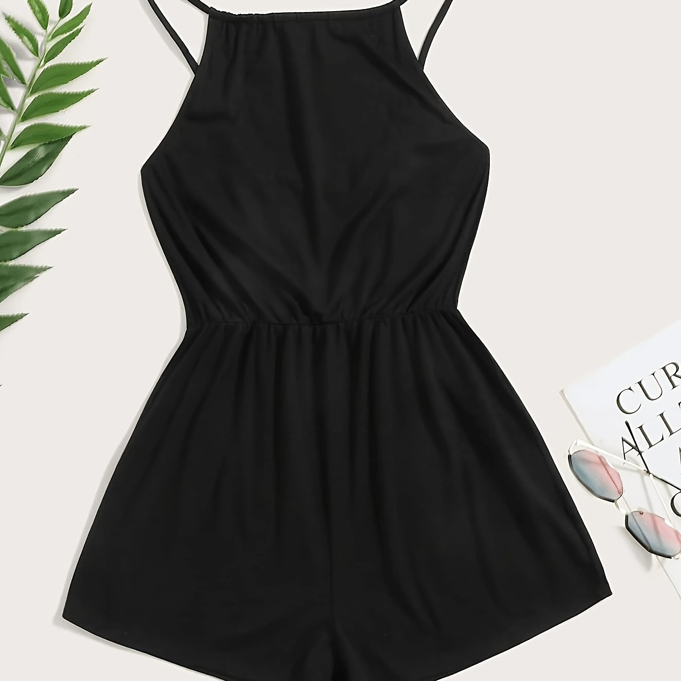 TEMU Mono de color liso con cuello de tirantes halter, estilo elegante con tirantes y pantalones cortos, adecuado para el desplazamiento diario,