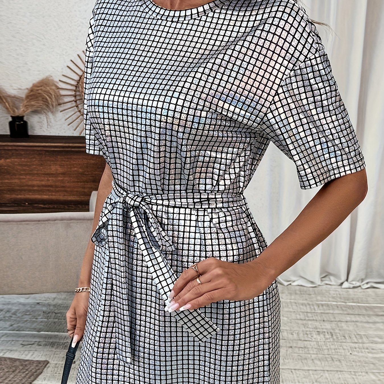 Image of Qc Shiny Checkered Round Neck Short Sleeve Dress Women's Waist Cinching Tie-string Loose Straight Short Party Dress