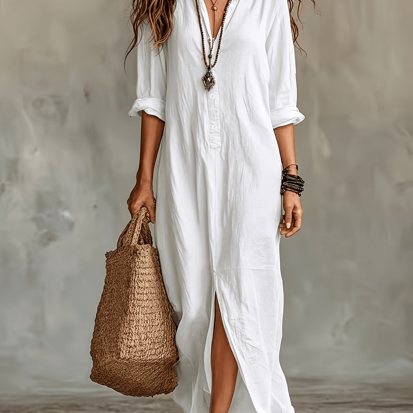 TEMU Women's Spring Summer Autumn Bohemian Solid Color Semi-open Neck Lapel Long Shirt, Casual Button-up Relaxed Style Long Sleeve Shirt Dress,