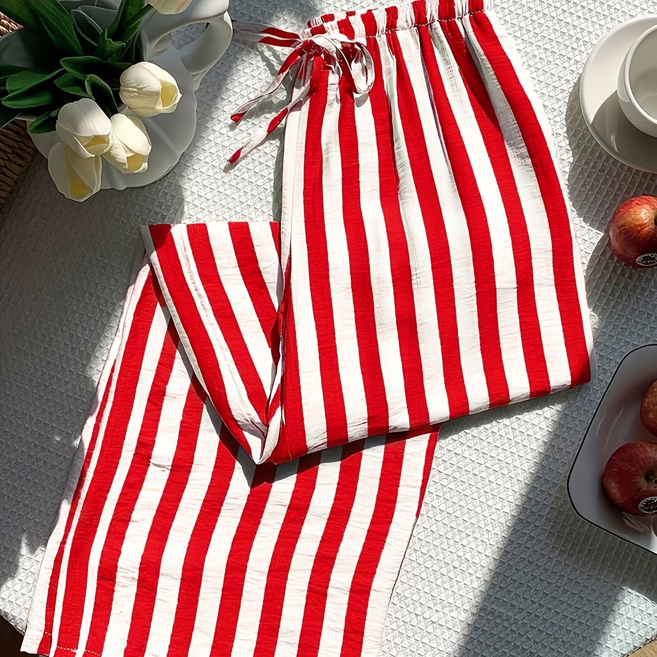 E-shop Neue stylische Damen lange gestreifte Hose mit Kordelzug, bequemer, lockerer, gerader Schnitt, mit Taschendesign, geeignet für Pendeln, ,