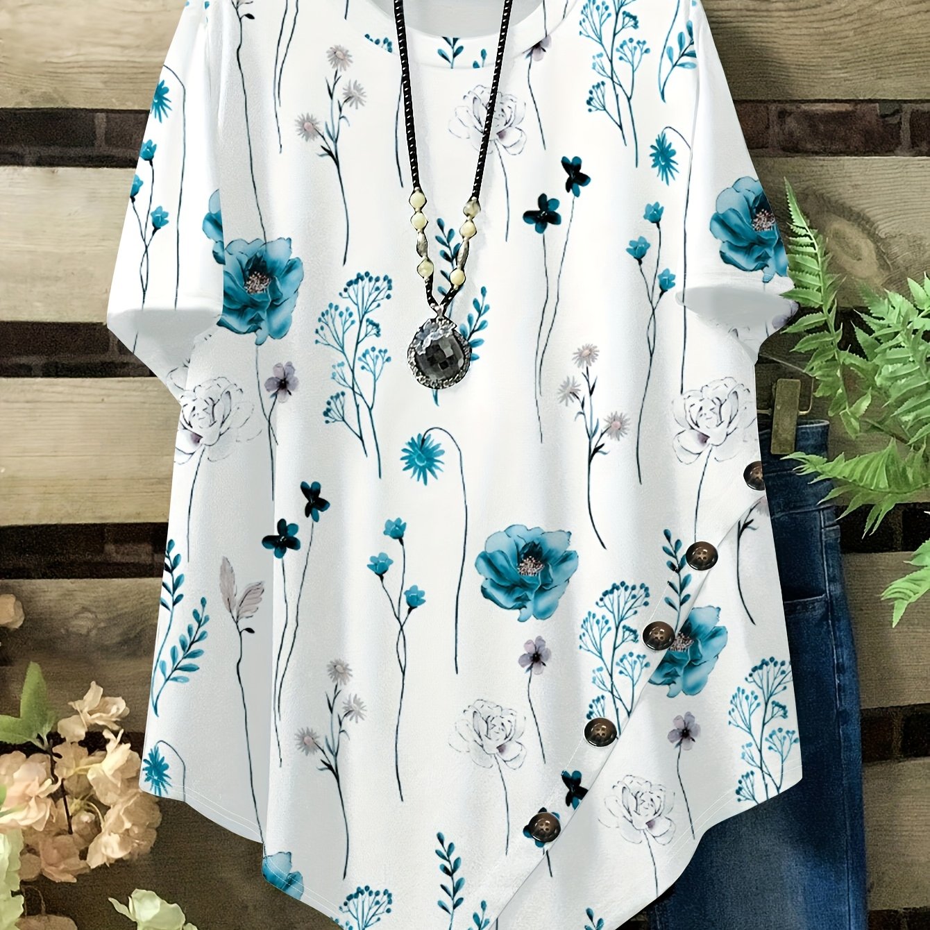 Image of Plus Size Women's Loose Fit Short Sleeve T-shirt - Floral Print With Button Accents, Asymmetrical Hem & Round Neck, Breathable Summer Casual Top, Hand Wash Only, Relaxed Fit Tee, Stretchy Fabric