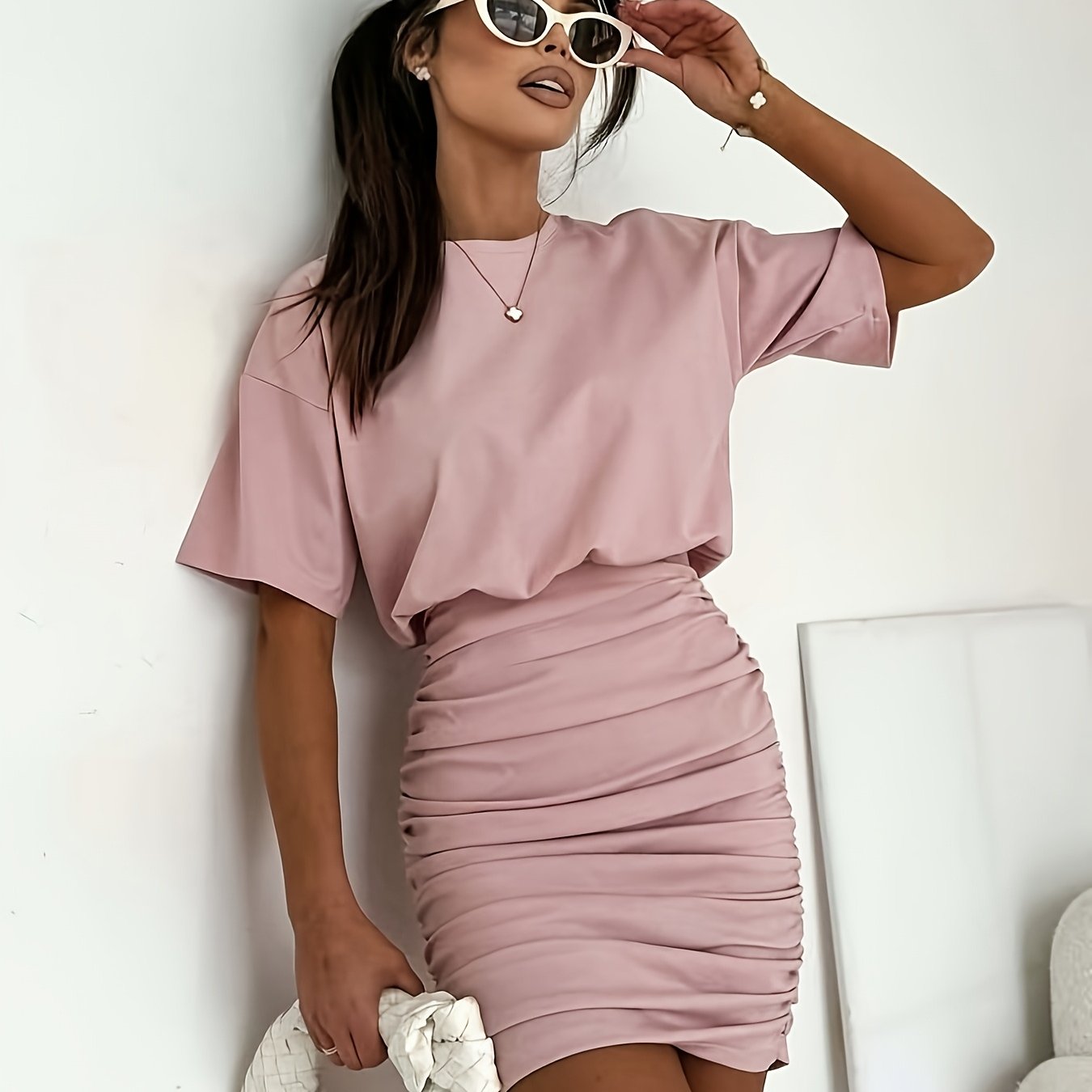 TEMU Women's New Summer Dress, Ruched Bodycon Short Sleeve Round Neck Dress, Friendly, Conceals And Figure, Comfortable And Non-constricting, Hot