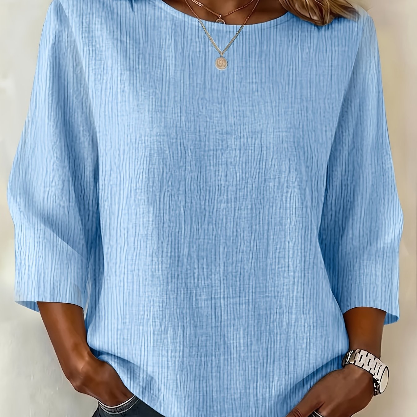 TEMU Lässiges, modisches elegantes Damen-Shirt für den Urlaub, reguläre Passform, einfarbiger Knitterstoff, Dreiviertelärmel, Rundhalsausschnitt