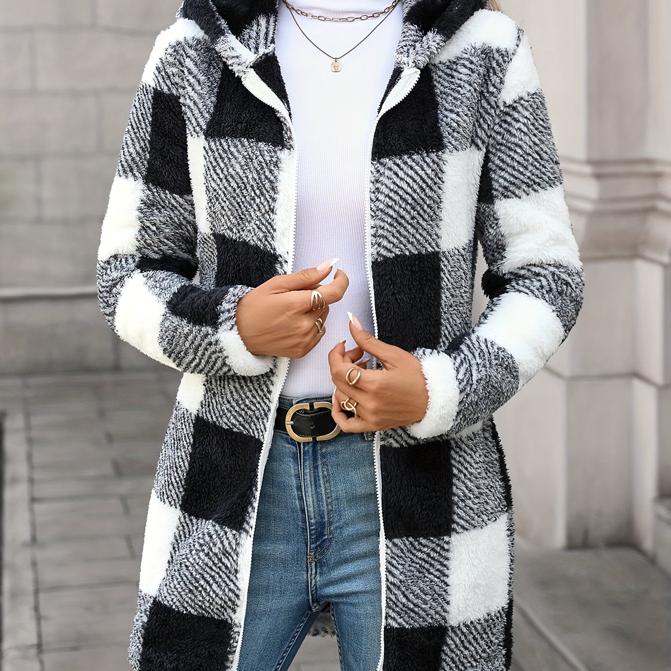 E-shop Damen Neue Elegante Winter Karo Langarm Kapuzenjacke Warm Bequem Plüsch Casual Jacke