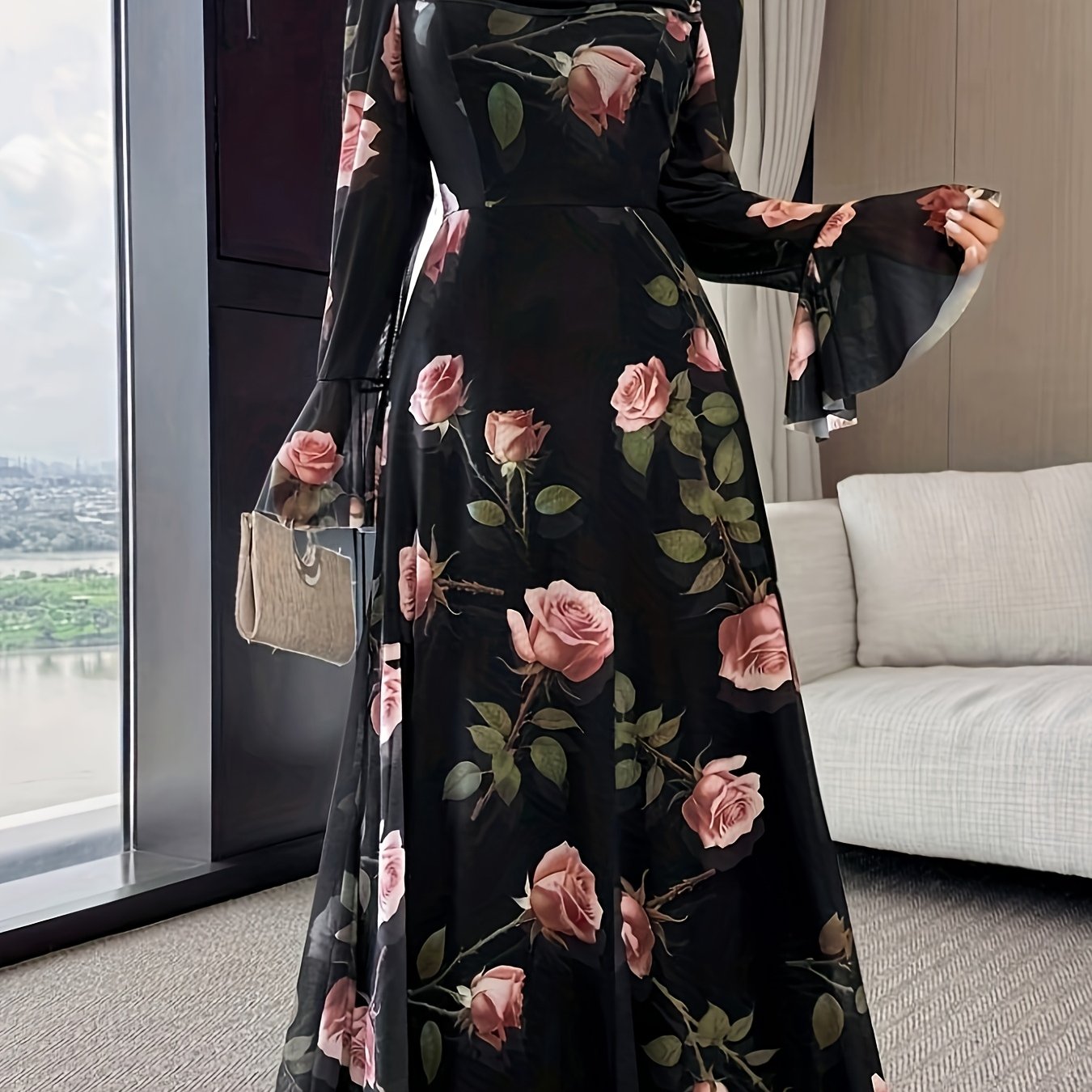 TEMU Women's Elegant A-line Dress With Double Bell Sleeves & Square Neck - Full-body Flower Print Wedding Guest Dress, Formal Party Attire, Machine