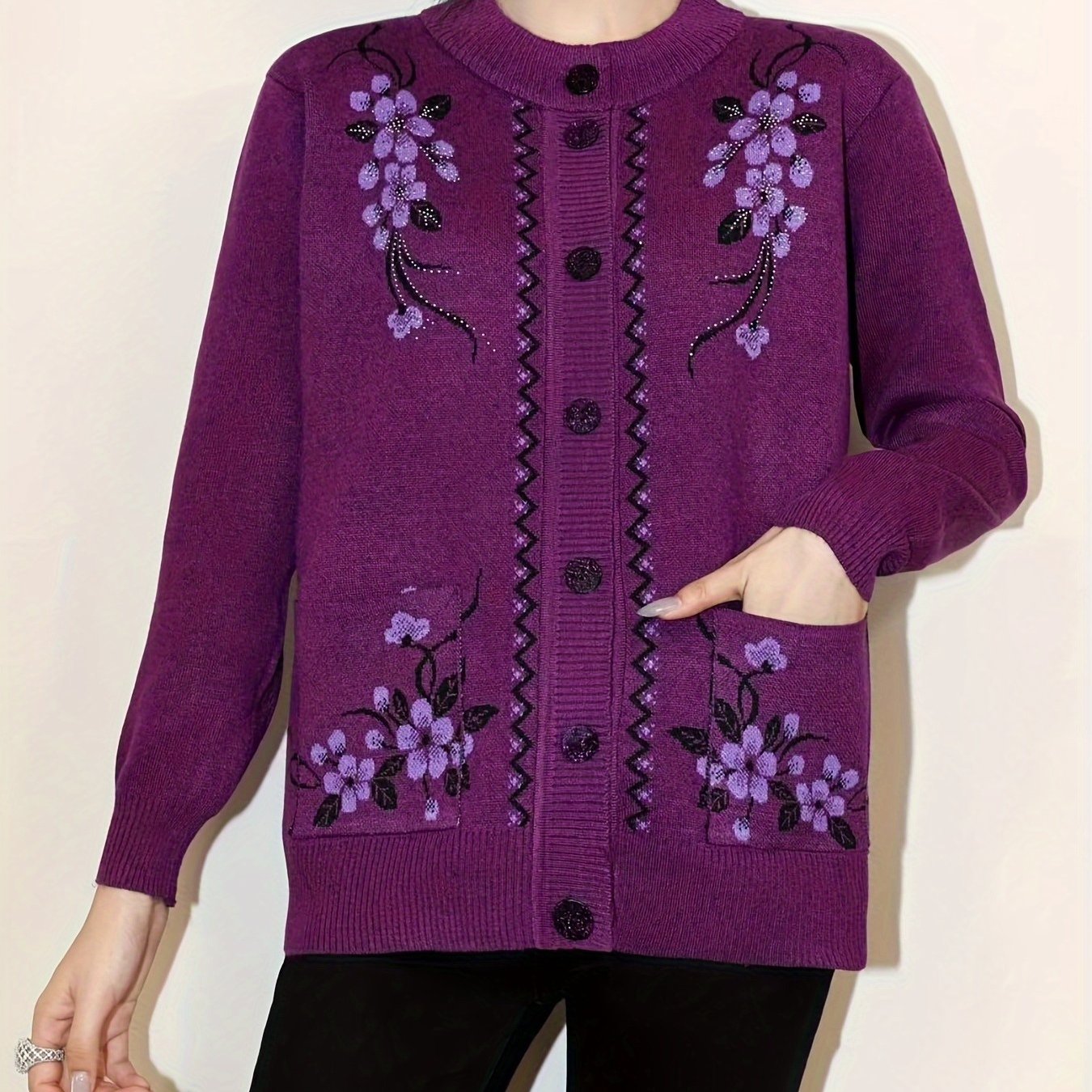 TEMU 1pc Women's Fashion Spring, Autumn, Winter Momwear Round Neck Button-up Cardigan Outerwear, Suitable For Middle-aged And Elderly, Loose Fit
