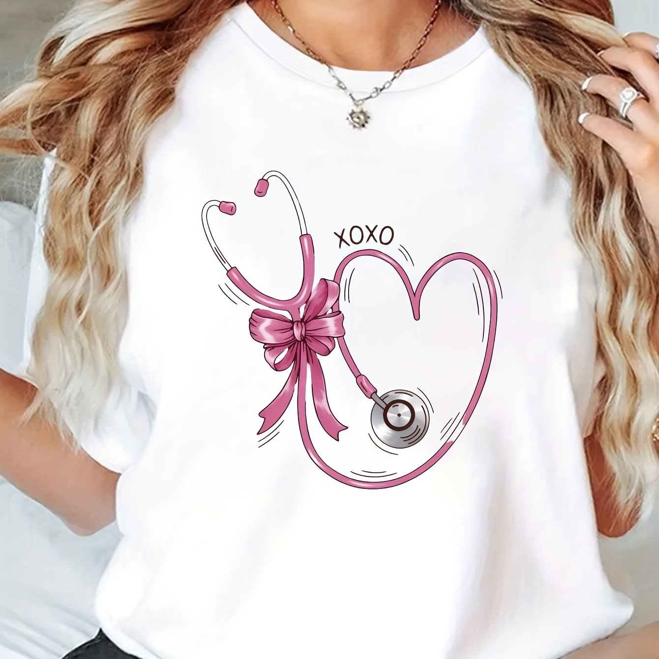 TEMU Women's Casual Short Sleeve T-shirt - Pink Stethoscope & Bow Nurse Design, Semi-sheer Round Neck Top, Machine Washable Spring Summer Tee For