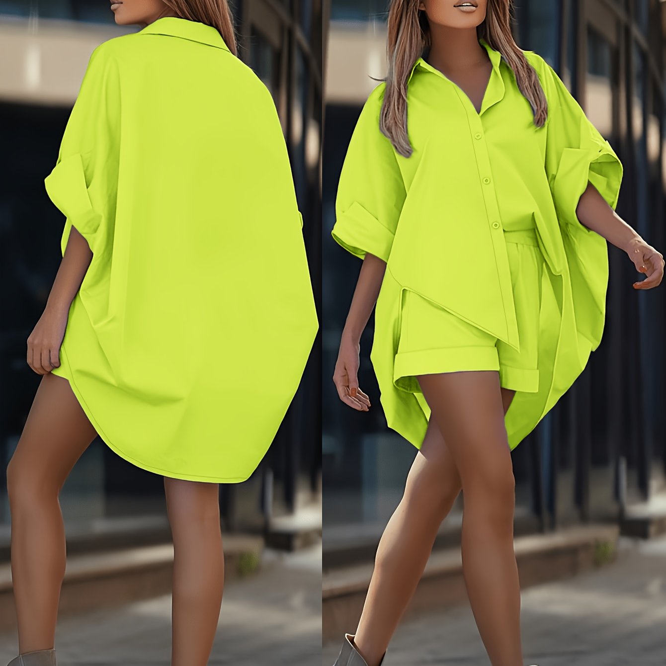 TEMU Spring/summer New Fluorescent Color Loose Open Front Button Tie Shirt/elastic Waist Shorts Set, Fashion 2pcs Outfit 6a11616-2