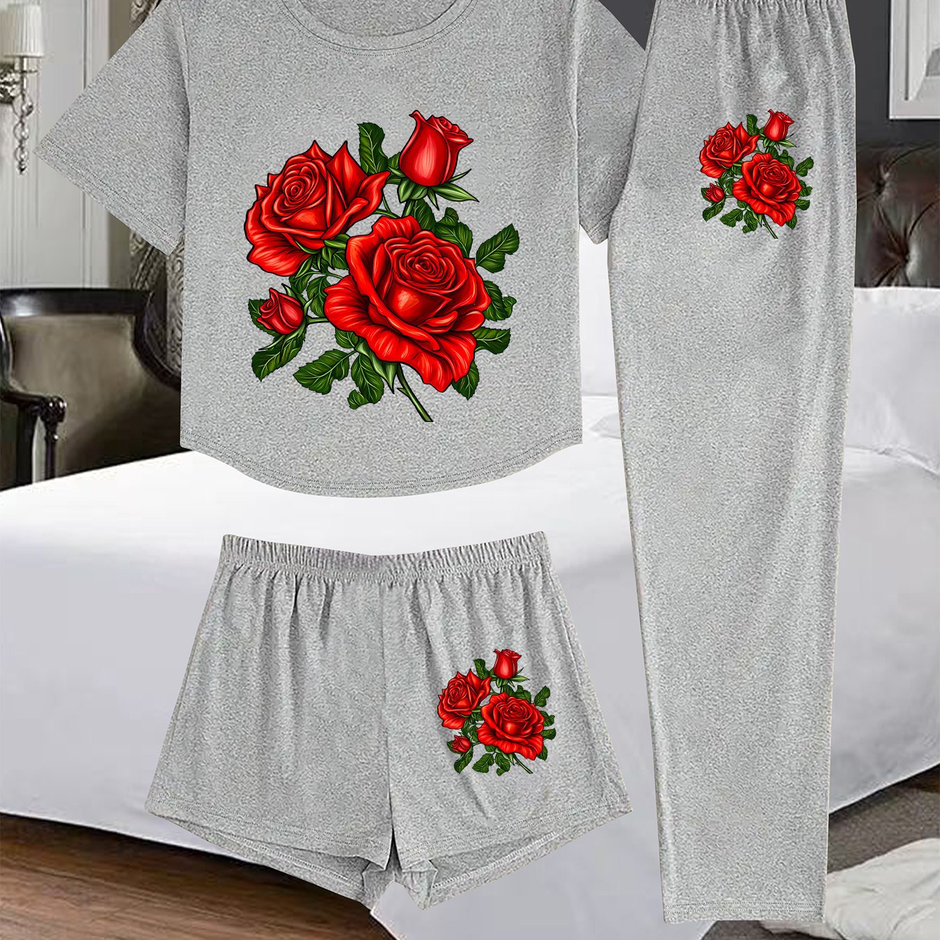 TEMU (standard 1002# Set) Women's Three-piece Set, Printed Design Women's Pajama Three-piece Set, Comfortable Clothing