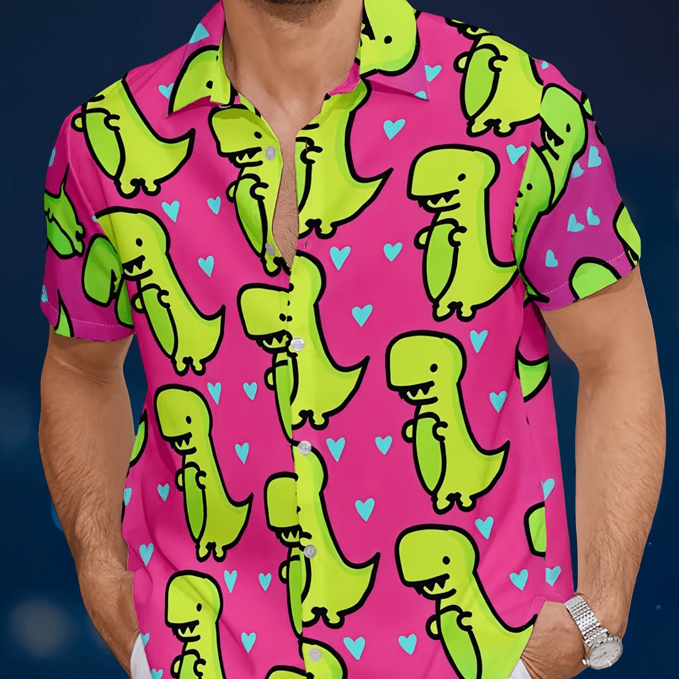 TEMU [print Design-not Textured] Men' Short Sleeve Shirt With Pink Background, Green Cartoon Dinosaurs And Light Blue Hearts, Repeating Pattern -