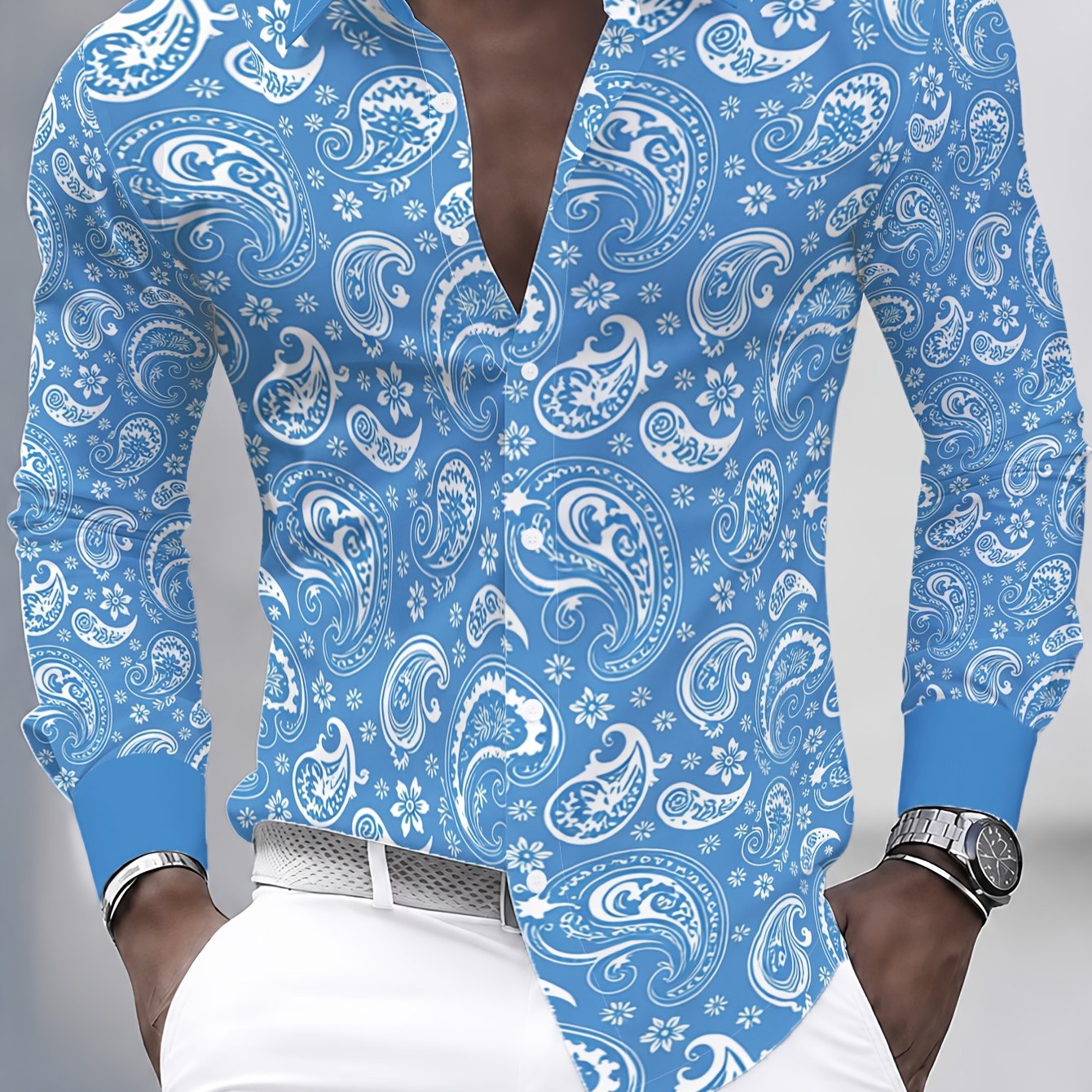 TEMU [print Design â Not Textured] Size Men's Long Sleeve Shirt Blue White Paisley Floral Pattern Fashion Casual Button-up Shirt ' Dopamine Regular