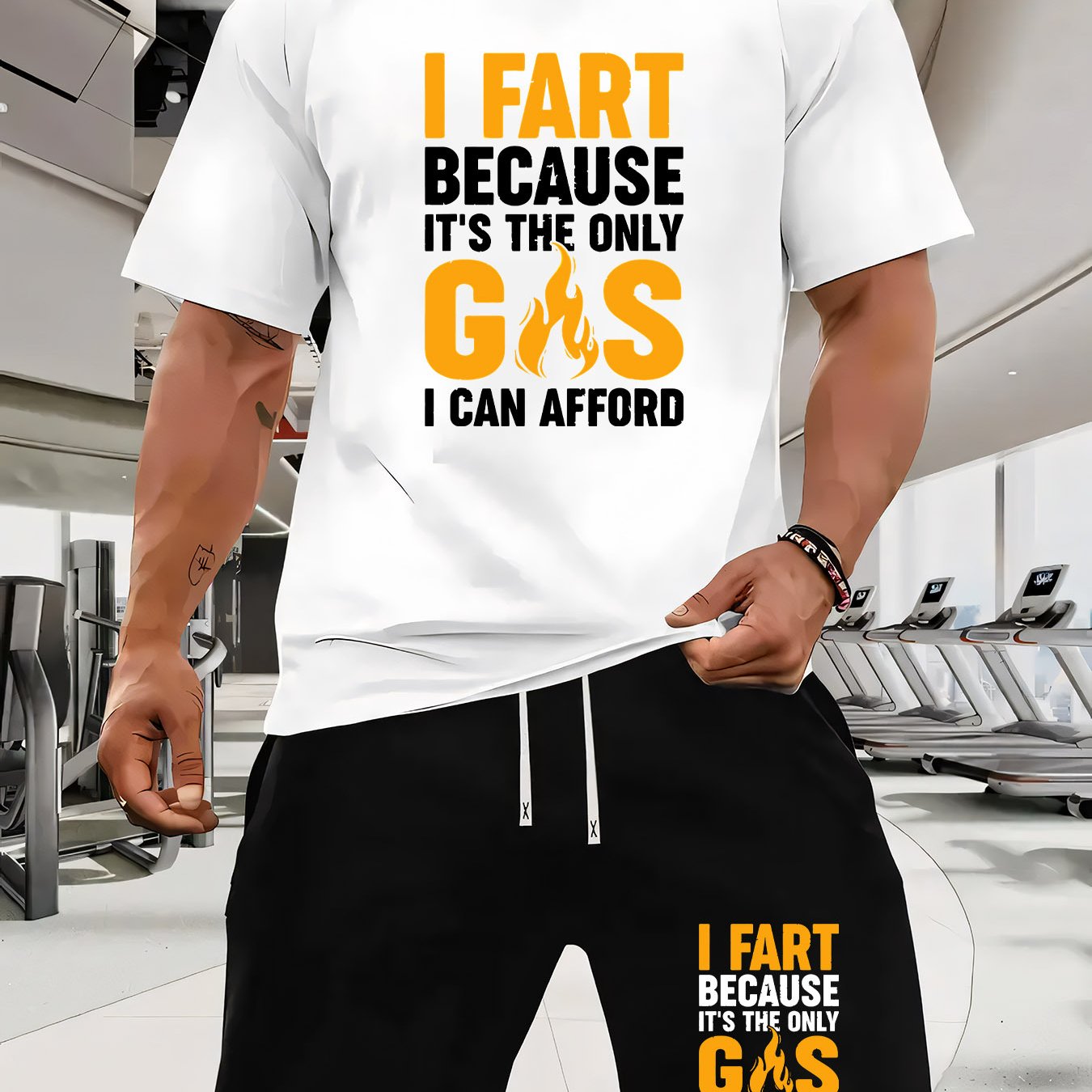 TEMU Humorous Fart Print Men's Short Sleeve T-shirt And Drawstring Shorts 2pcs Casual Sportswear Set, Suitable For Spring/summer Outfits