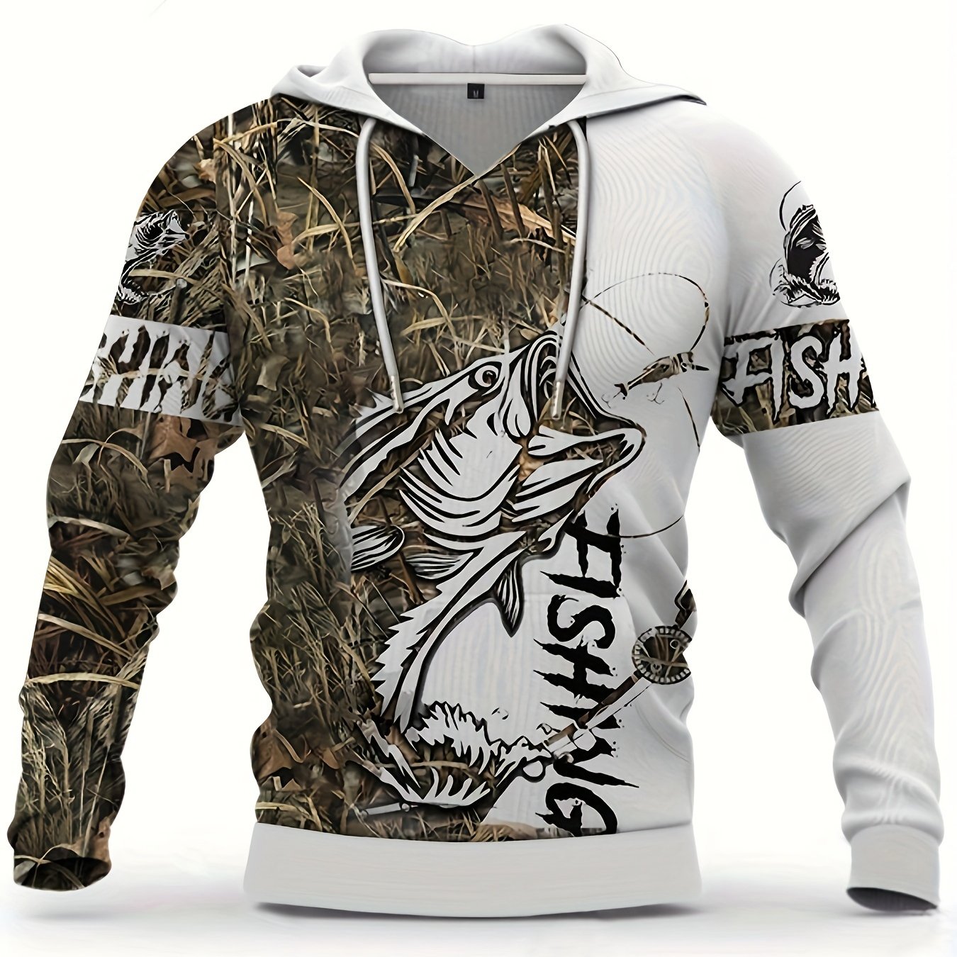 Animals Print Pocket Long Sleeve Sweatshirt, Men's Casual Fishing Pattern 3d Hooded Sweatshirt