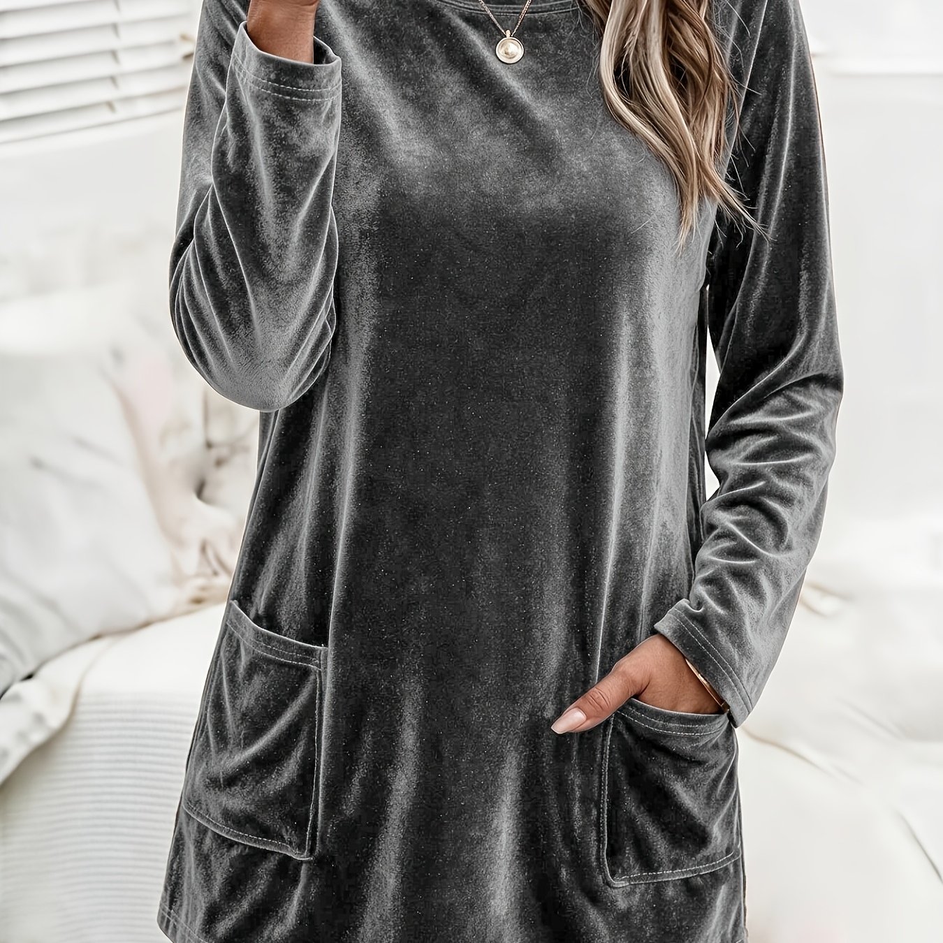 TEMU New Women's Korean-style Long-length Top, Fashionable Women's Casual Warm And Comfortable Velvet Fabric, Long-sleeved Double-pocket Breathable