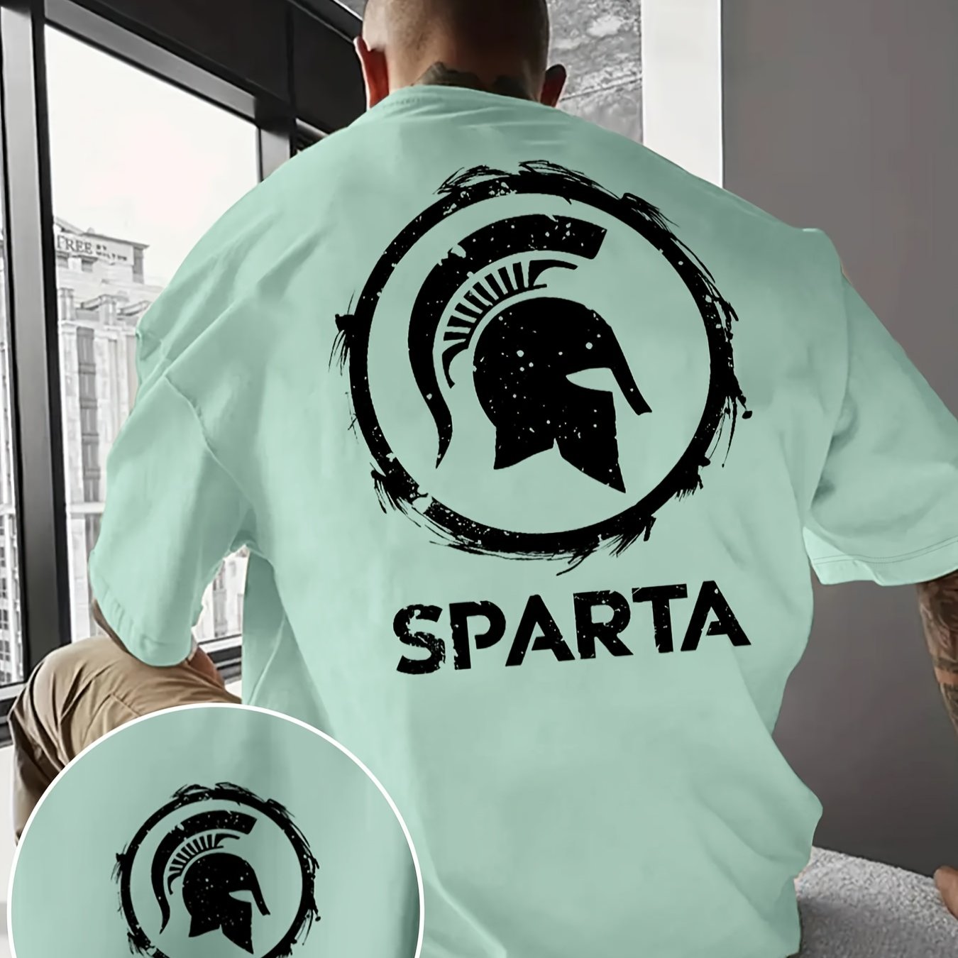 Image of Men's Casual Short Sleeve T-shirt With Spartan Helmet & Sparta Graphic Print - White With Black Ink Splatter Design, Regular Fit Round Neck Summer Tee For Gym, Outdoor Activities & Casual Wear, Shirt