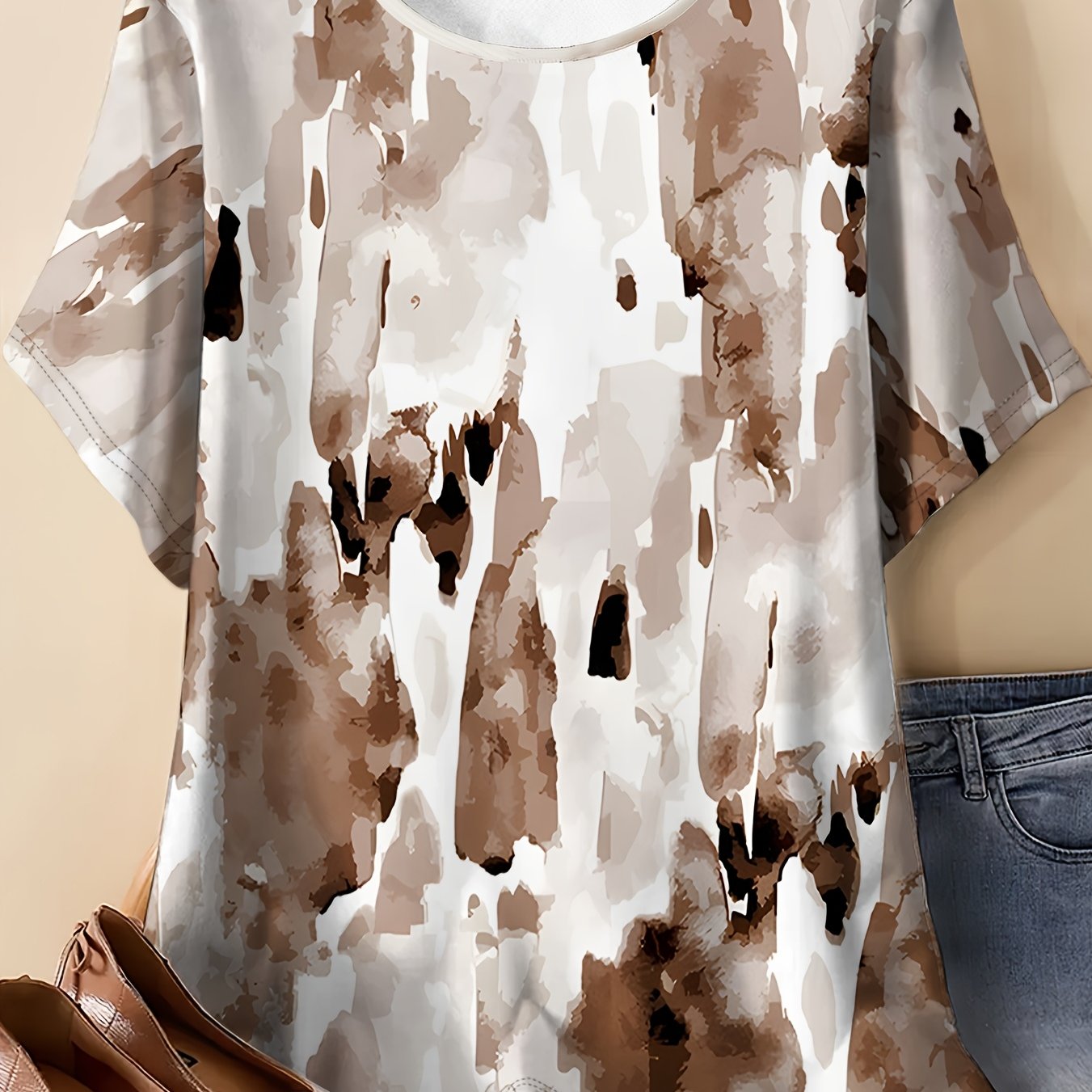 TEMU Inkjet Print Short-sleeve T-shirt For Women, Summer Loose Fit Casual Top, Versatile, Fashionable, Comfortable, And Breathable Women's Shirt