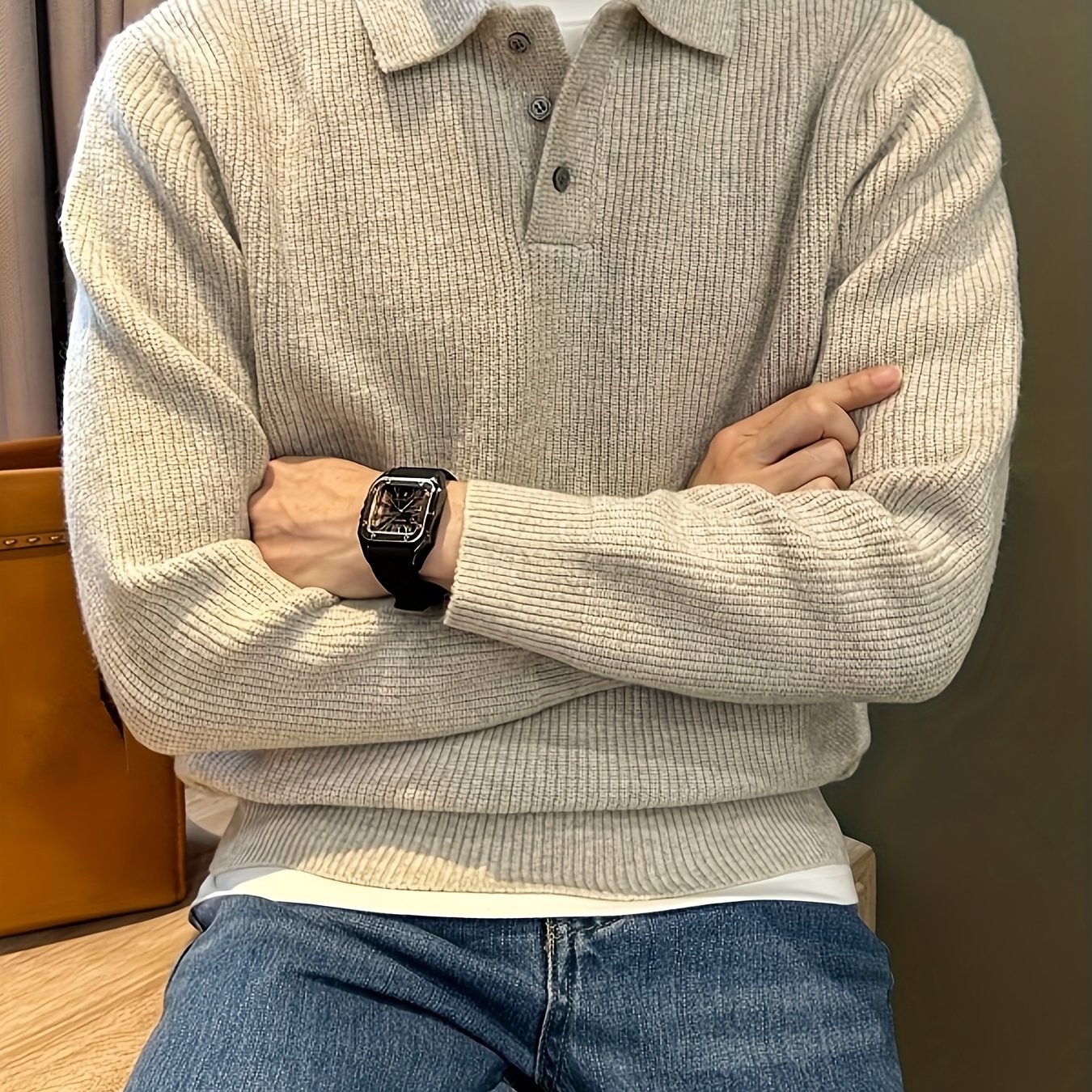E-shop Lässiges, leichtes Luxus-Polo-Shirt für Herren mit Revers, einfacher, feiner Rippstrick-Pullover in Unifarben