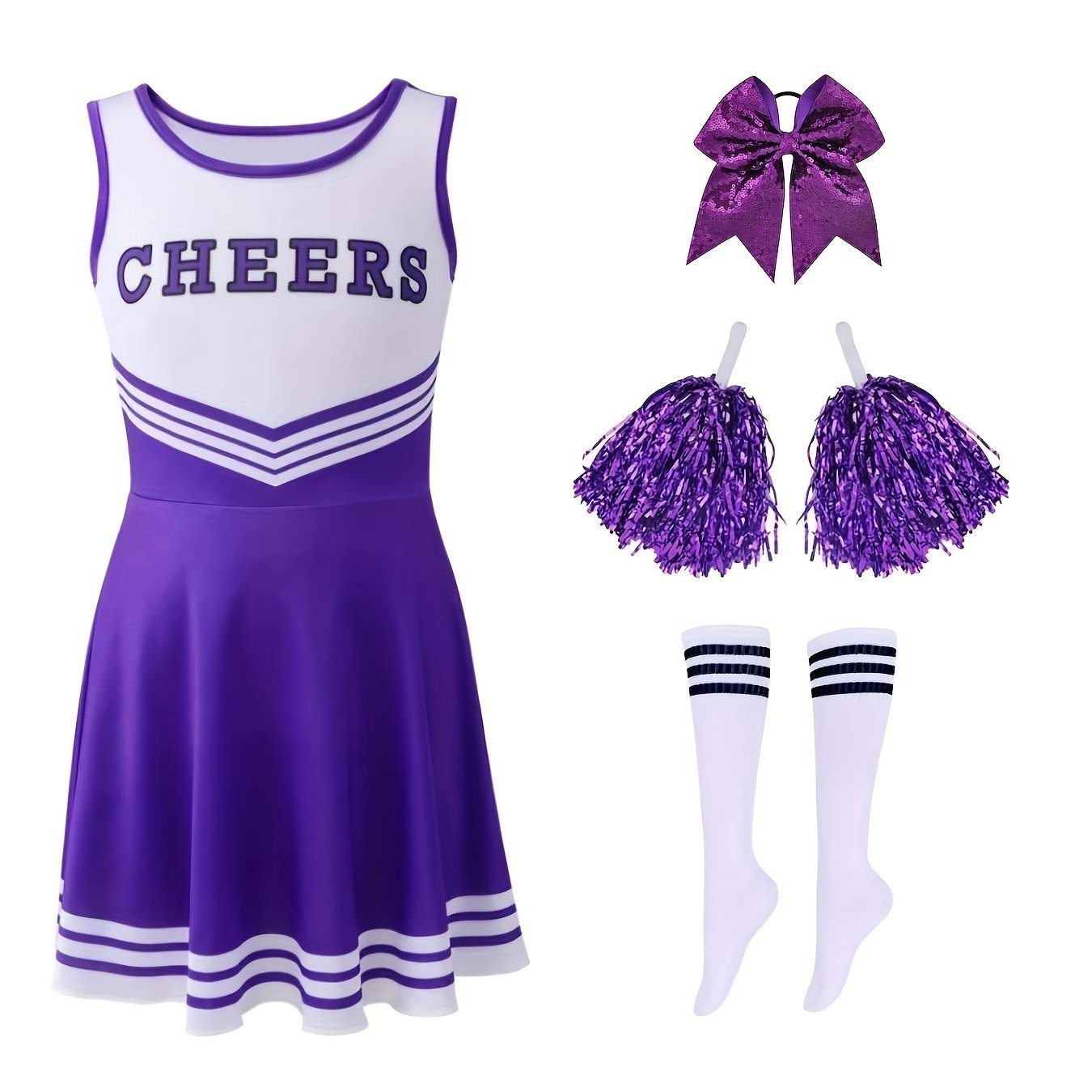 TEMU Girls' Purple Cheerleading Dress Set With Bow Scrunchie, Cheer Pompoms And Socks, Ideal For Party, Sports And Outdoor Performances