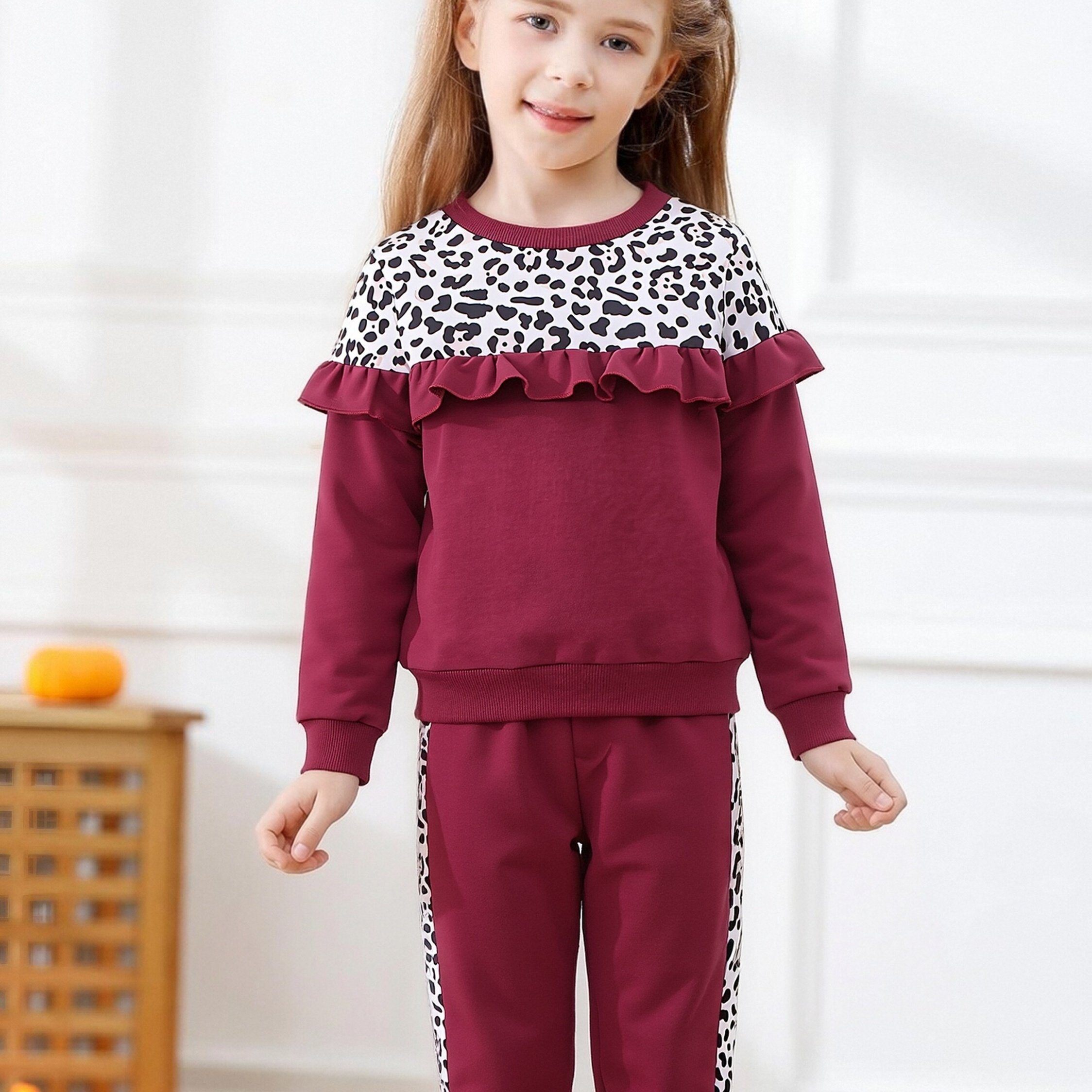 Image of Girls' Fashion Set, New , Leopard Print Ruffle Crew Neck Top And Casual Long Pants 2pcs Set, Perfect For Outdoor