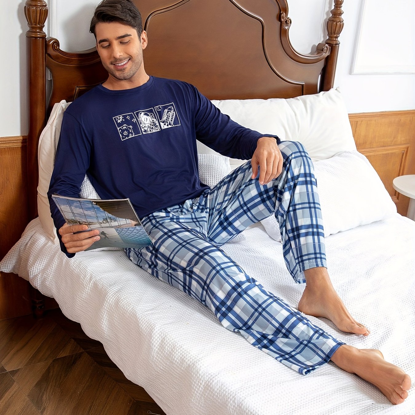 TEMU Men's Cartoon Print Navy Blue Long-sleeve Top And Pants Pajama Loungewear Set