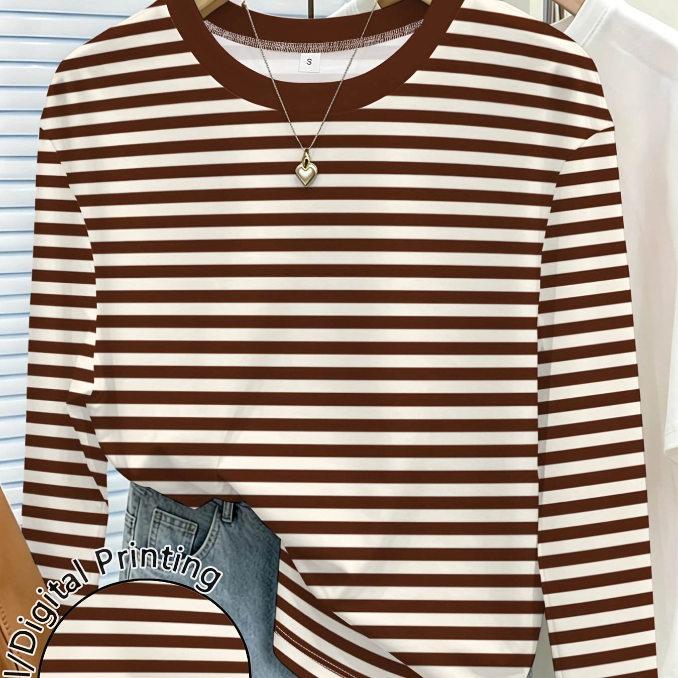 TEMU Fashion Women's Striped Long-sleeve Top, Elegant Women's Round-neck T-shirt, Loose And Casual With A Non-restrictive Fit, Simple And Versatile