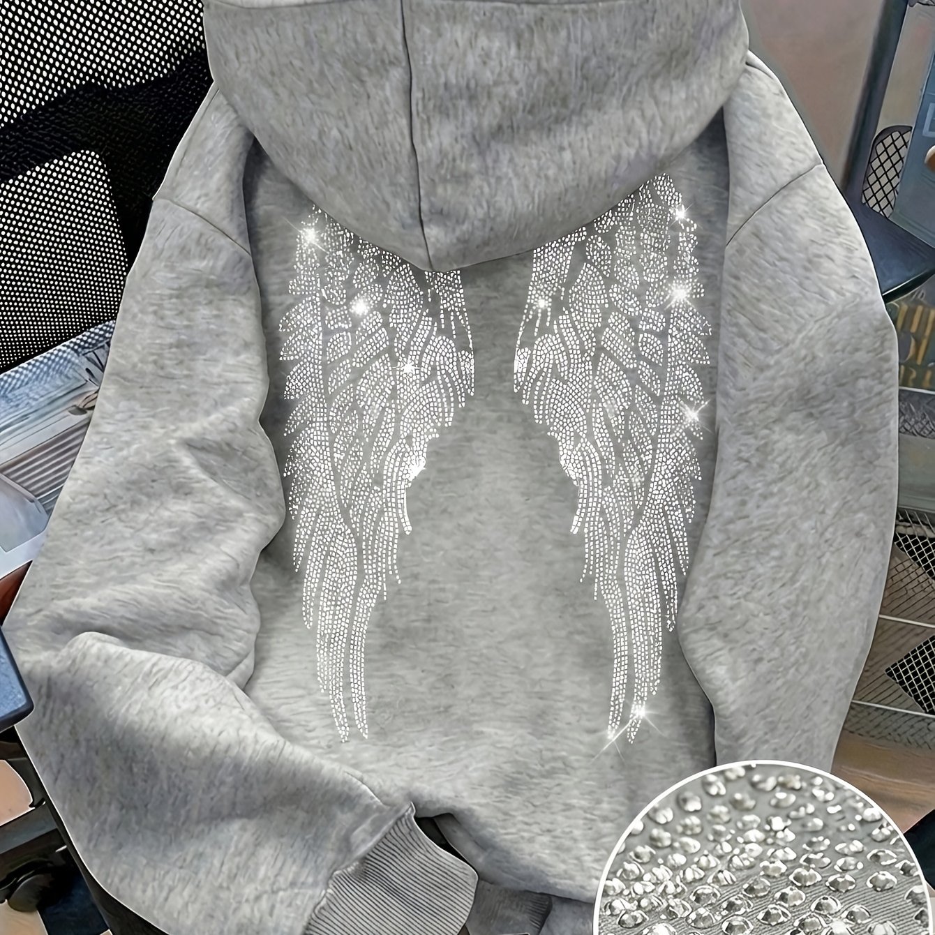 TEMU Felpa con cappuccio da donna con paillettes ad ali e strass, felpa da donna , adatta per l', maniche lunghe, con tasche, felpa casual con spalle