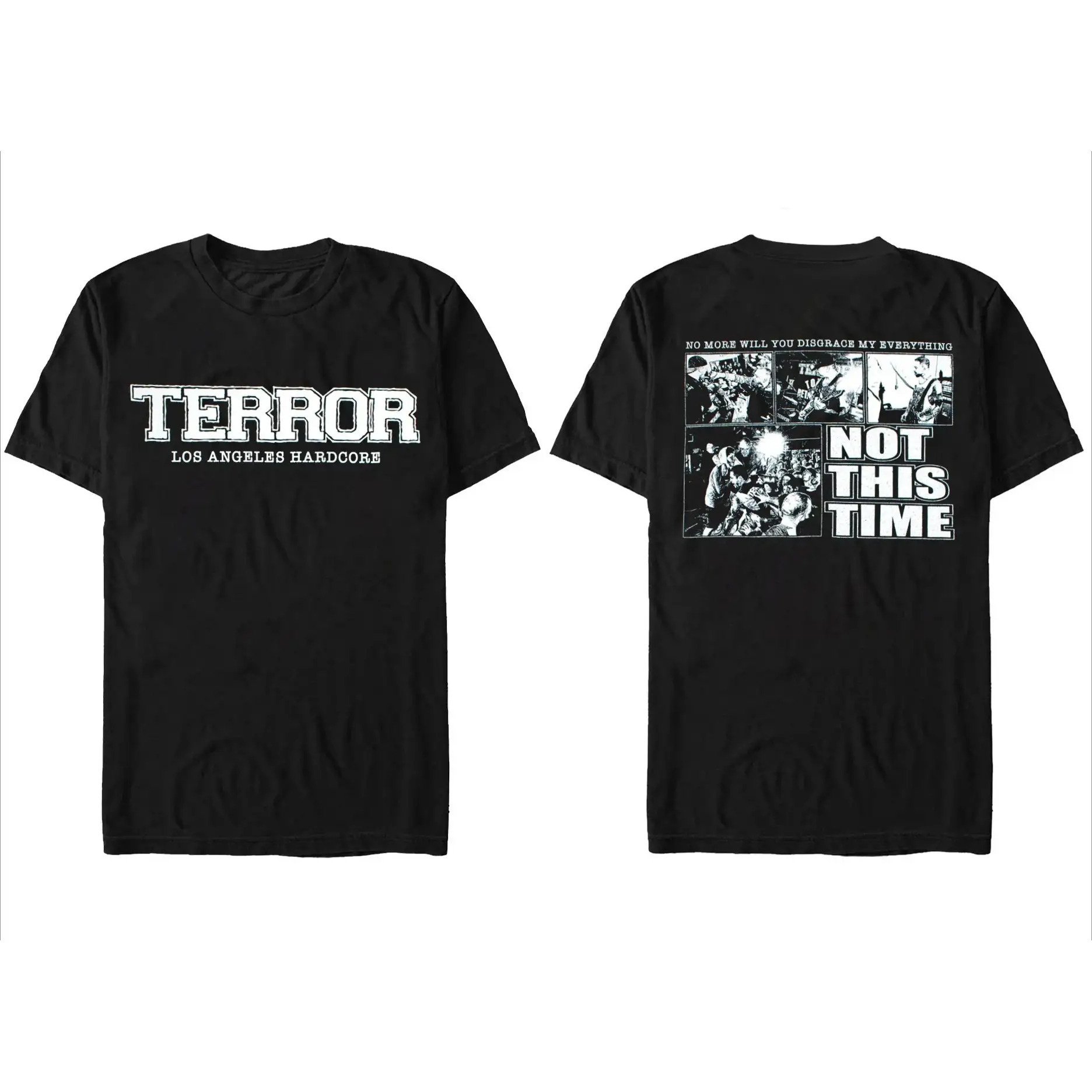 Image of Band T-shirt Black Regular Fit Front Los Angeles Hardcore Back Not This Time Graphic Print Punk Rock Music Fans Casual Wear Men Unisex
