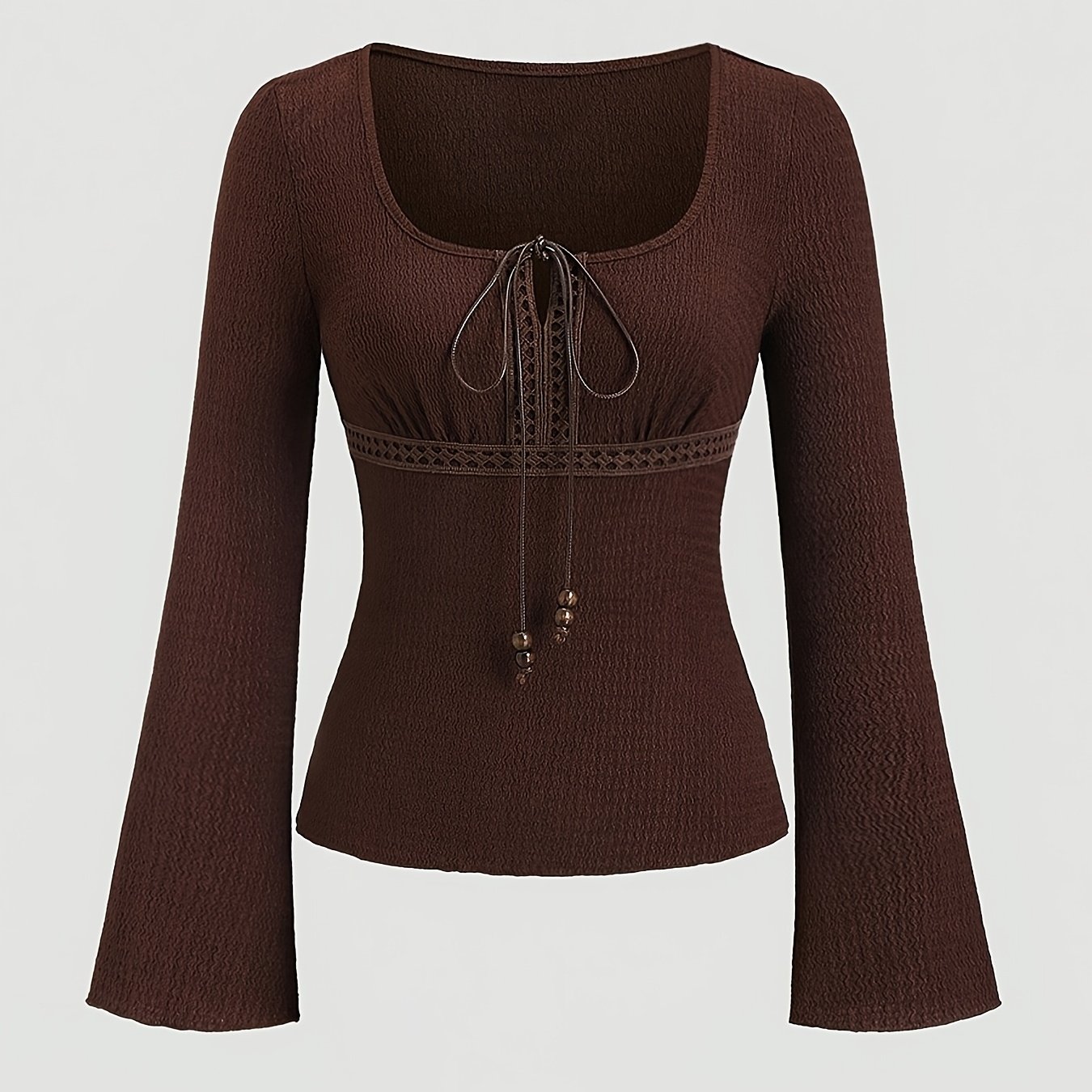 E-shop 2026 Neues Retro Braun Quadratischer Halsausschnitt Hemd Damen Schlagoberschmuck Ärmel Ausgestellt Taillenoberteil Französischer Hofstil Slim
