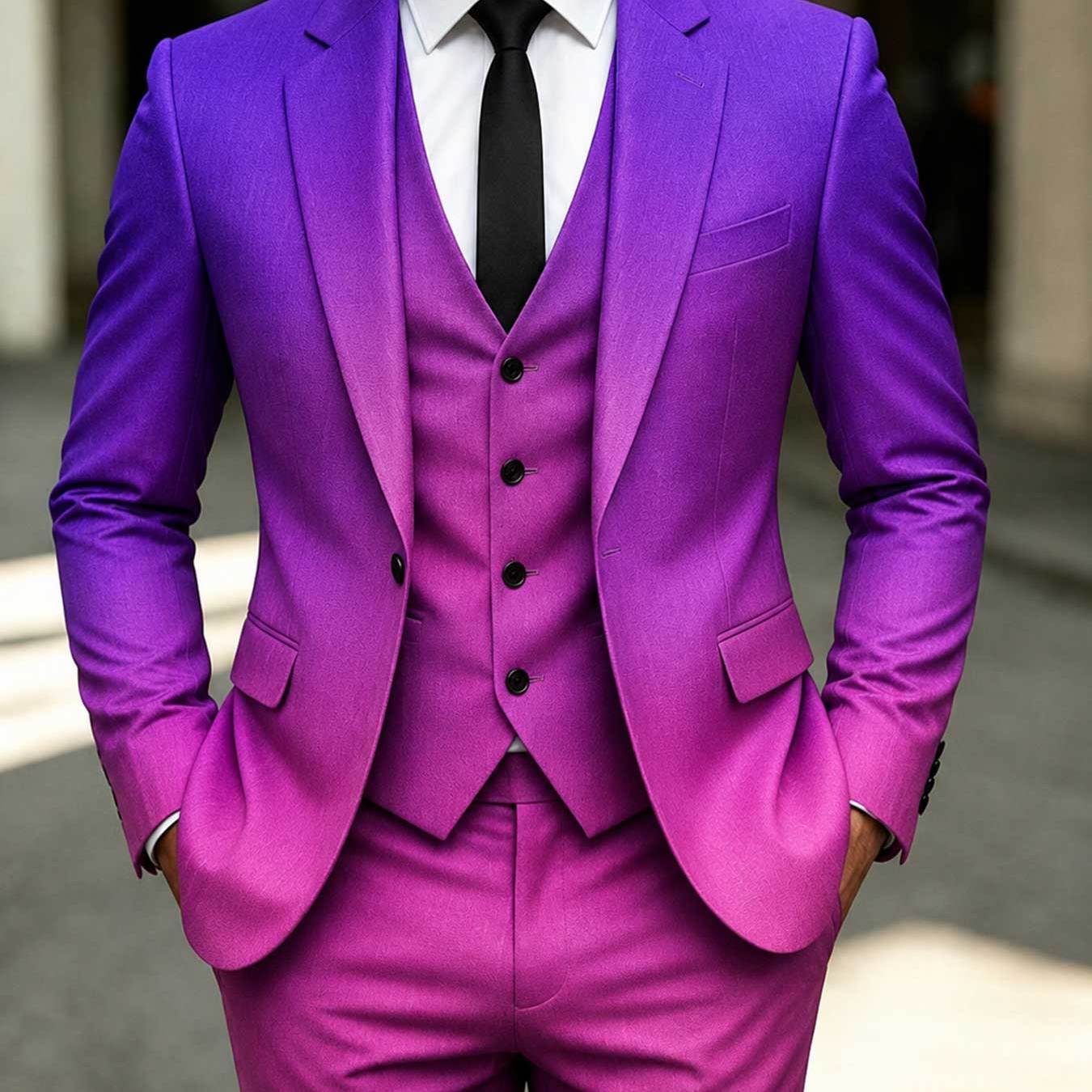 Image of Mens Vibrant Purple Ombre Suit Blazer Vest And Trousers For Formal Wedding Party Modern Stylish Male Formalwear Outfit