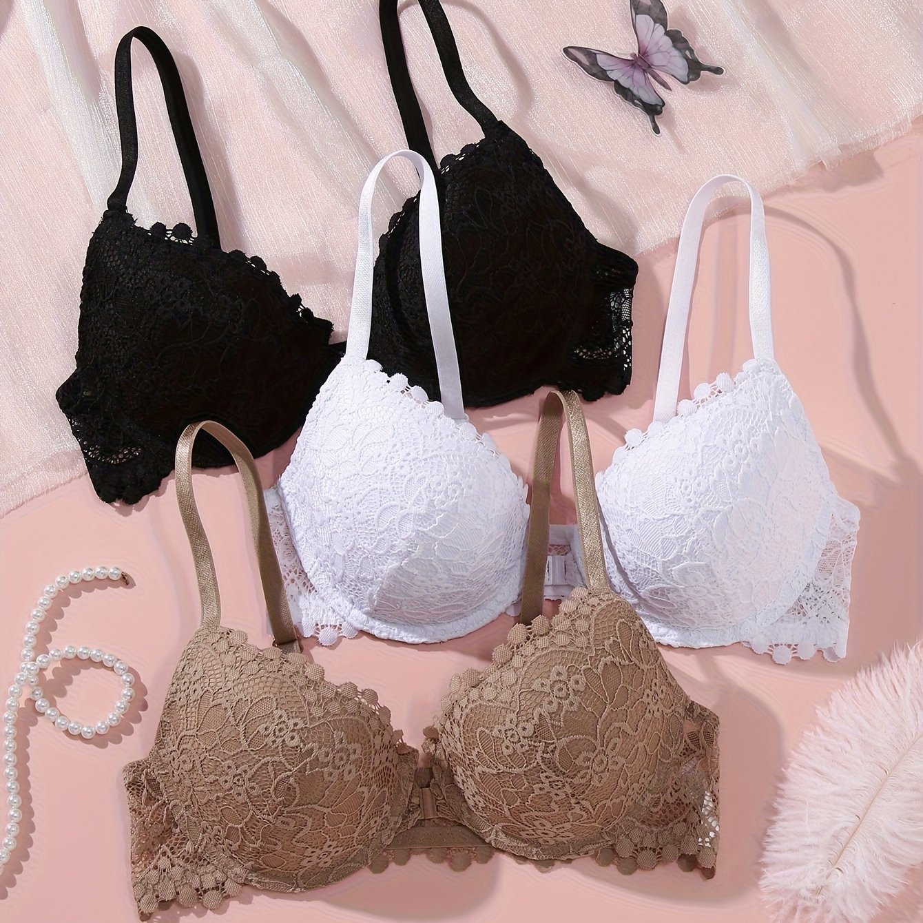 TEMU Ensemble de 3 soutiens-gorge push-up en dentelle pour femme à fermeture , confortables