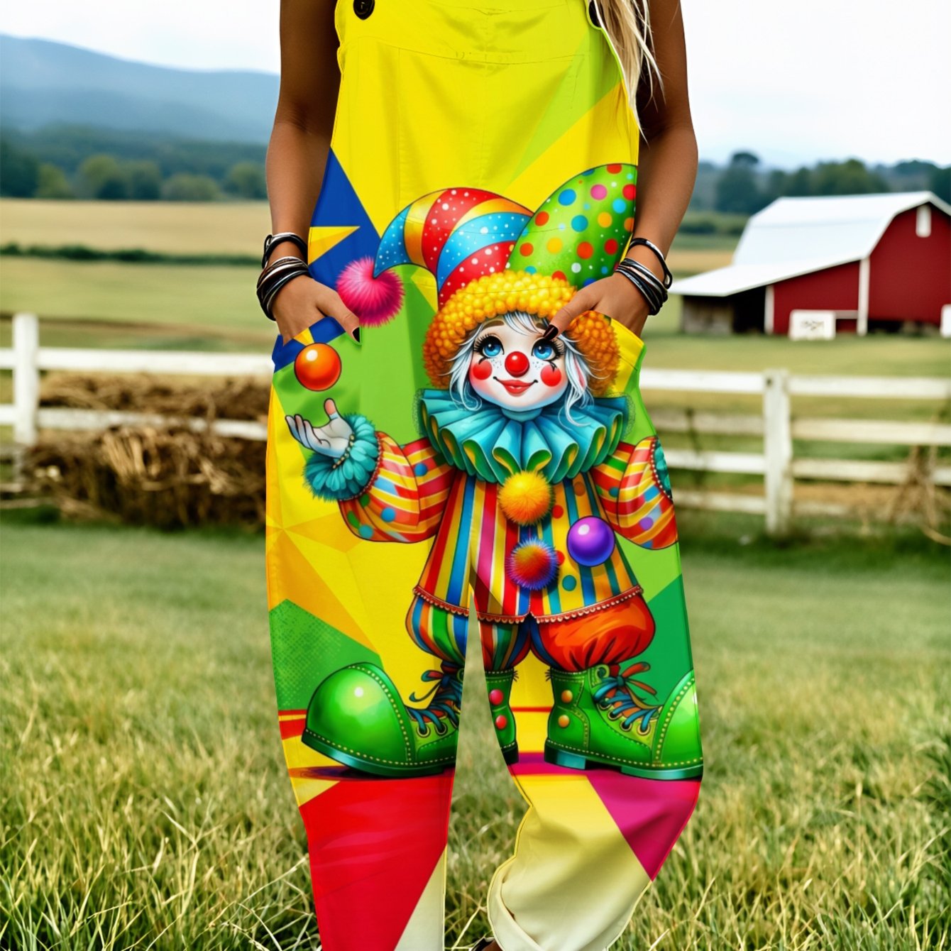 Image of Plus Size, Plus Size Women's Overalls 0xl-5xl Colorful Clown Juggling Balls Pattern Comfortable And Breathable Clothing Wide-leg Pants Machine Washable Fashionable Clothing