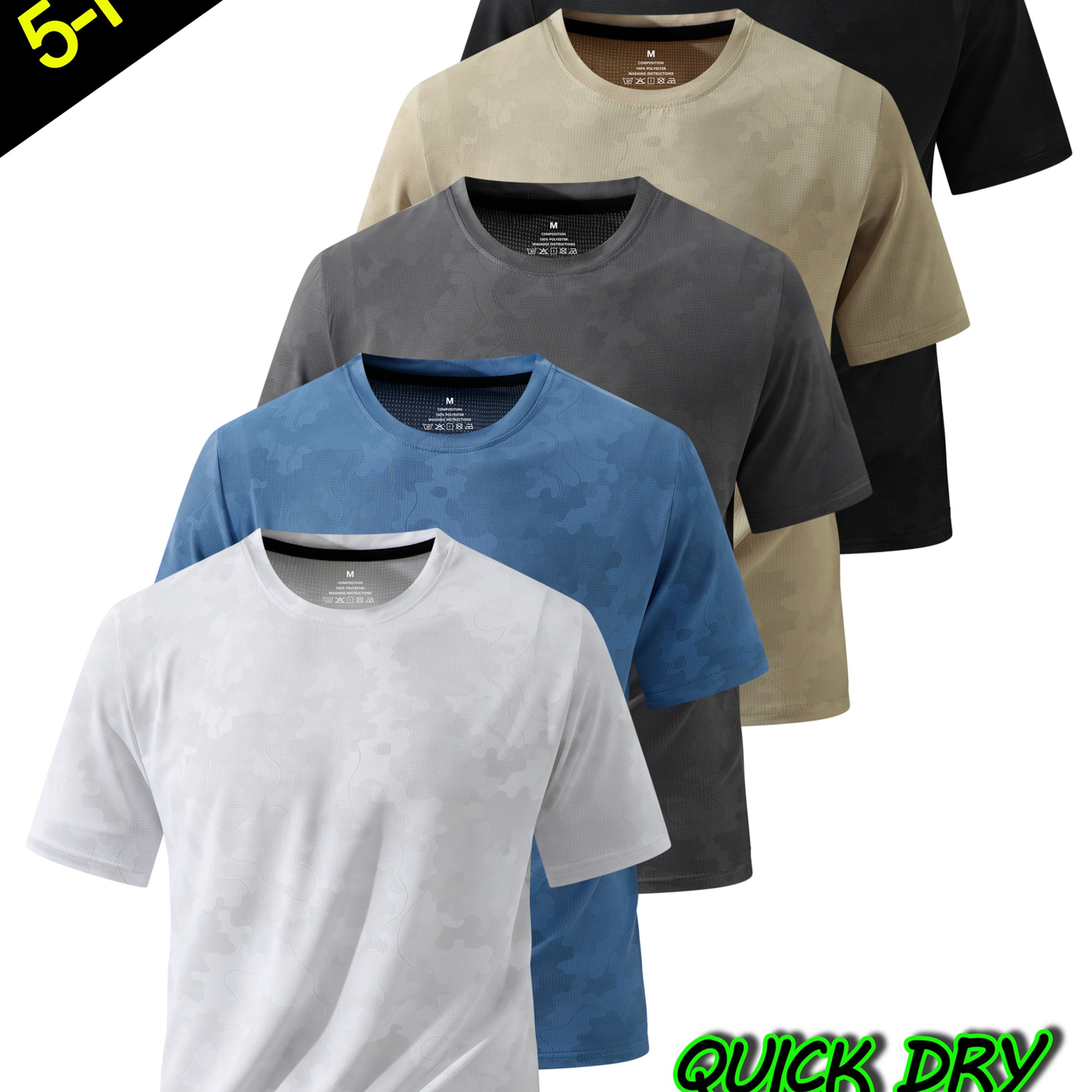 TEMU 5pcs Men's Summer Lightweight Fiber Fabric Quick-dry Breathable T-shirt, Printed Short-sleeve Casual Shirt, Recommended For Sports, Outdoor